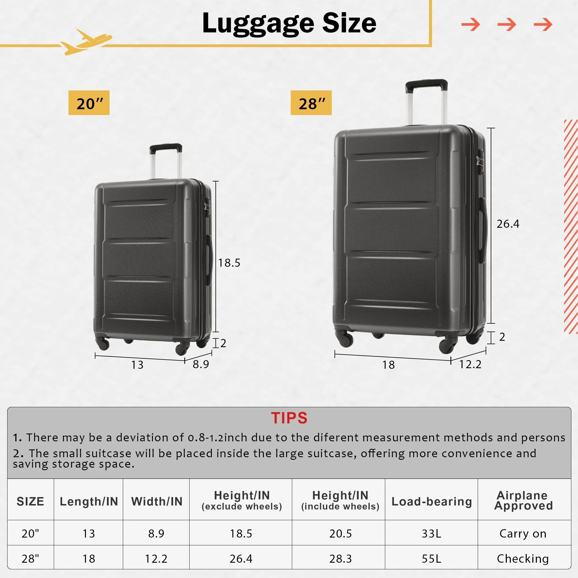 2 Piece Luggage Set with Expandable Bags and TSA Lock, Hardsided Suitcase with 360 Degree Spinner Wheels (20"/28")
