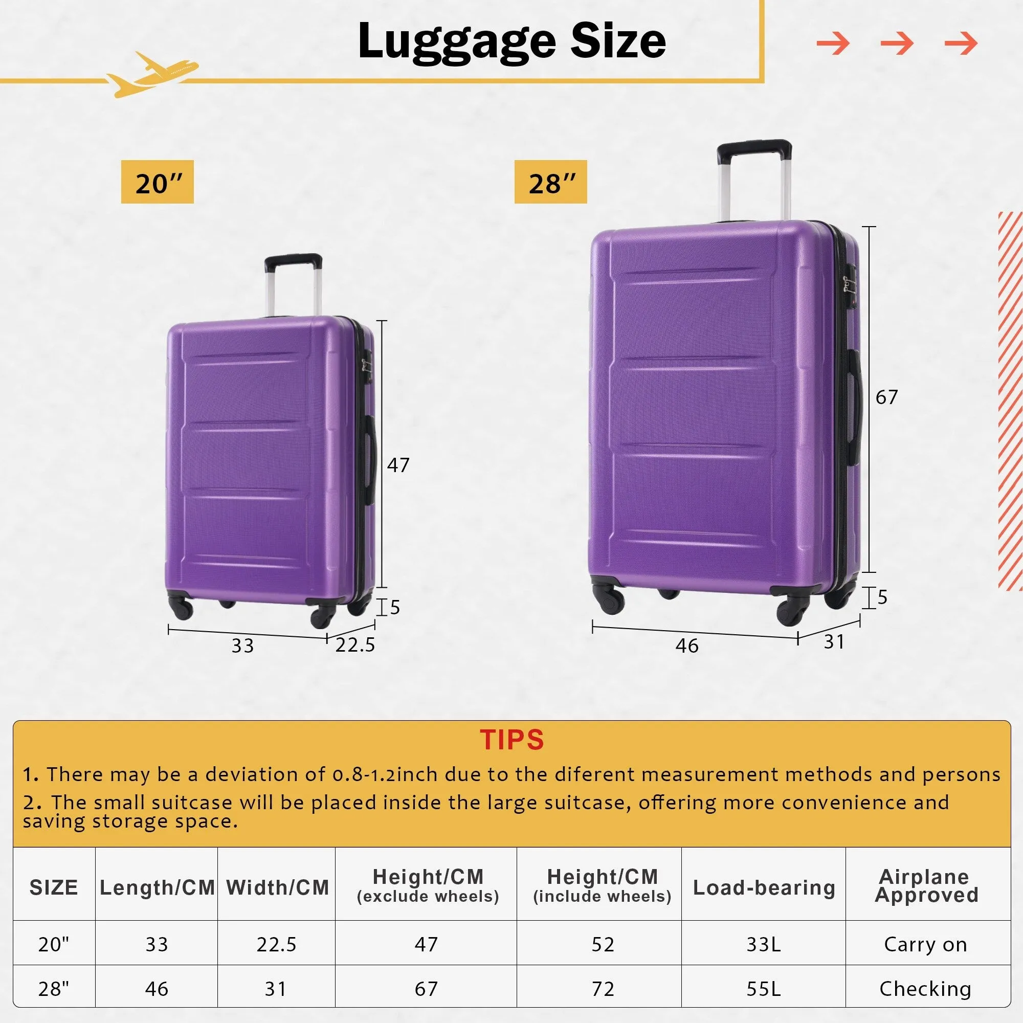 2 Piece Luggage Set with Expandable Bags and TSA Lock, Hardsided Suitcase with 360 Degree Spinner Wheels (20"/28")