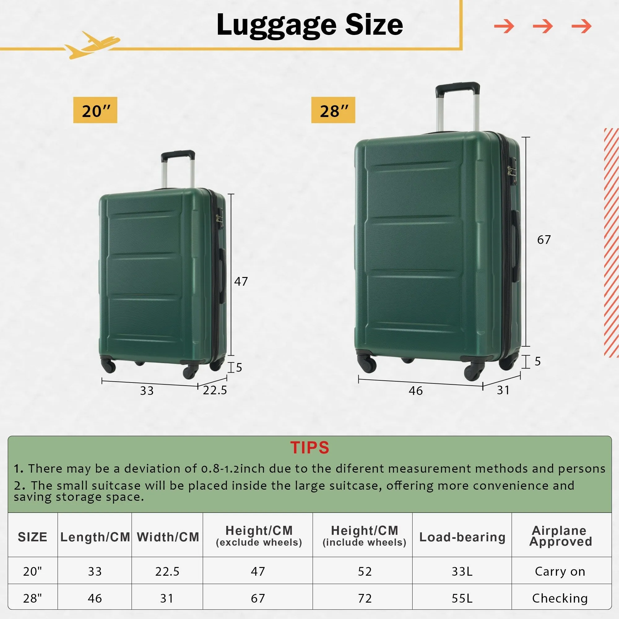 2 Piece Luggage Set with Expandable Bags and TSA Lock, Hardsided Suitcase with 360 Degree Spinner Wheels (20"/28")