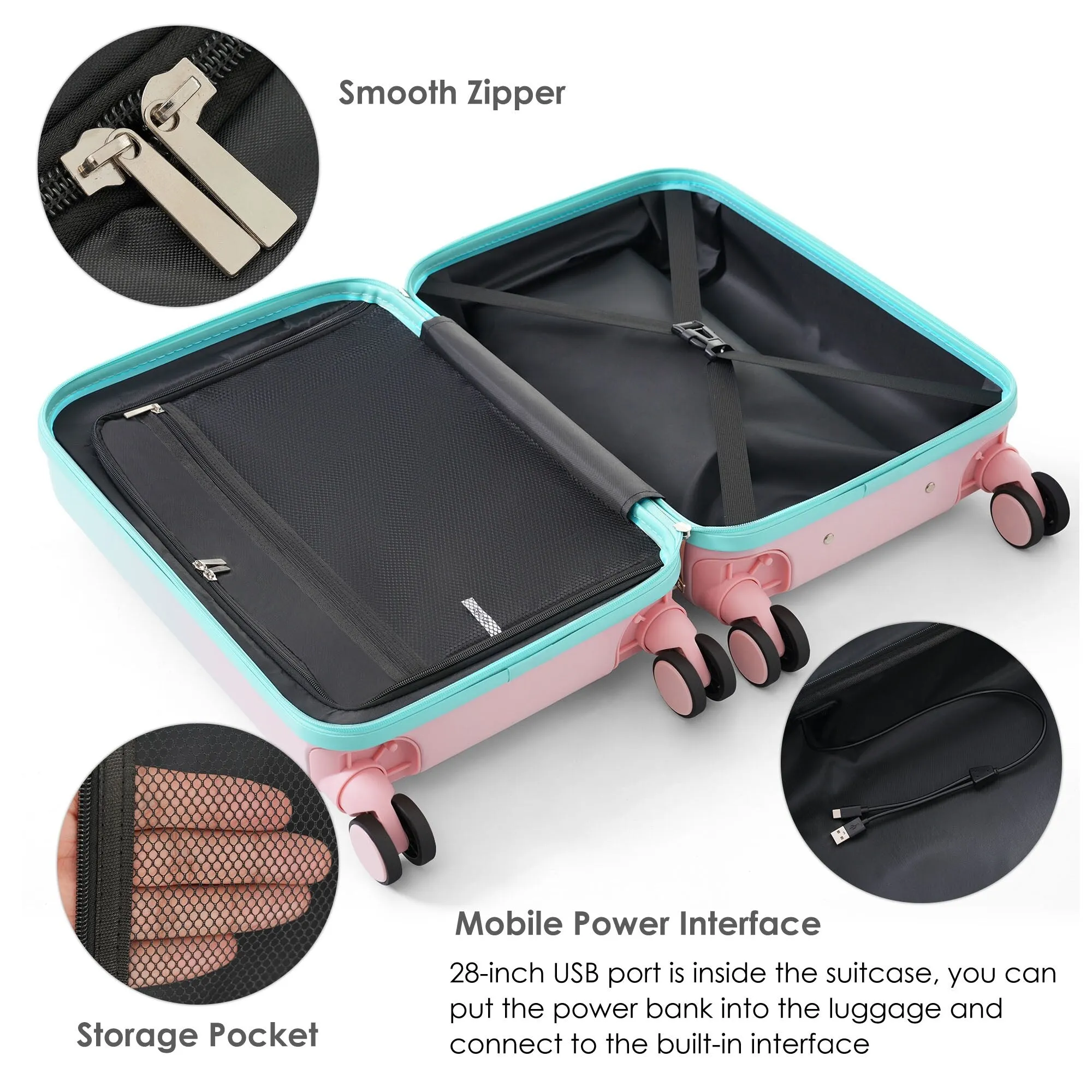 20/24/28inch Luggage Set with Spinner Wheels and USB Port & Cup Holder