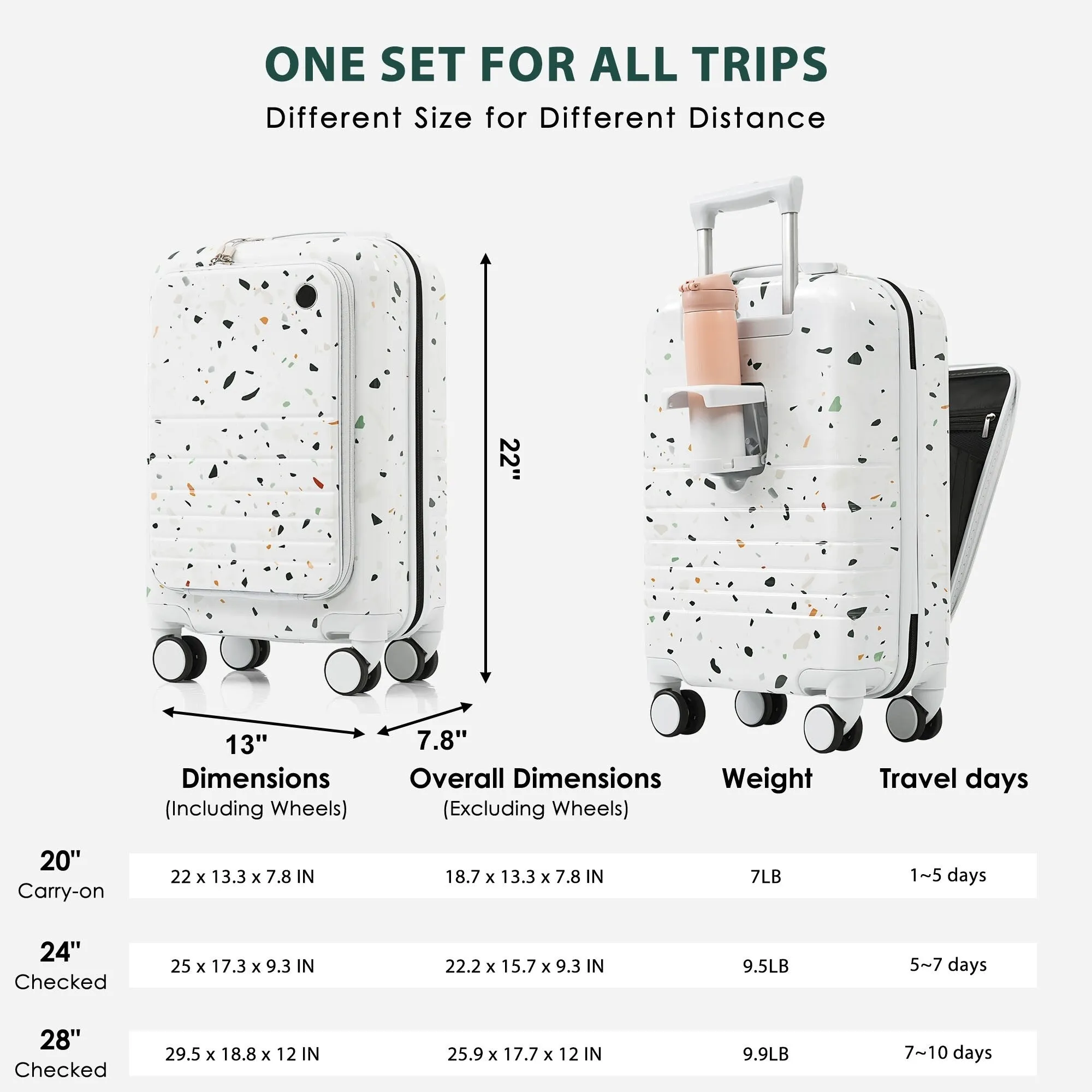 20/24/28inch Luggage Set with Spinner Wheels and USB Port & Cup Holder