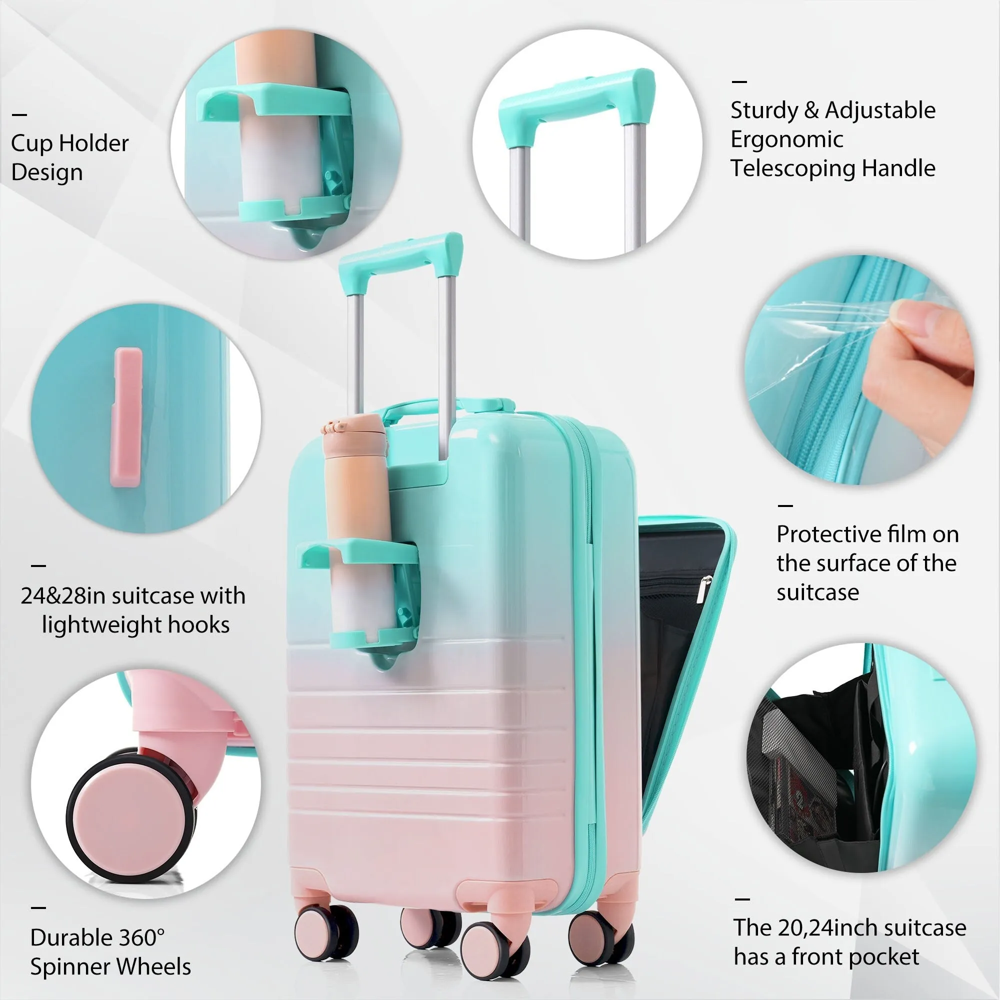 20/24/28inch Luggage Set with Spinner Wheels and USB Port & Cup Holder