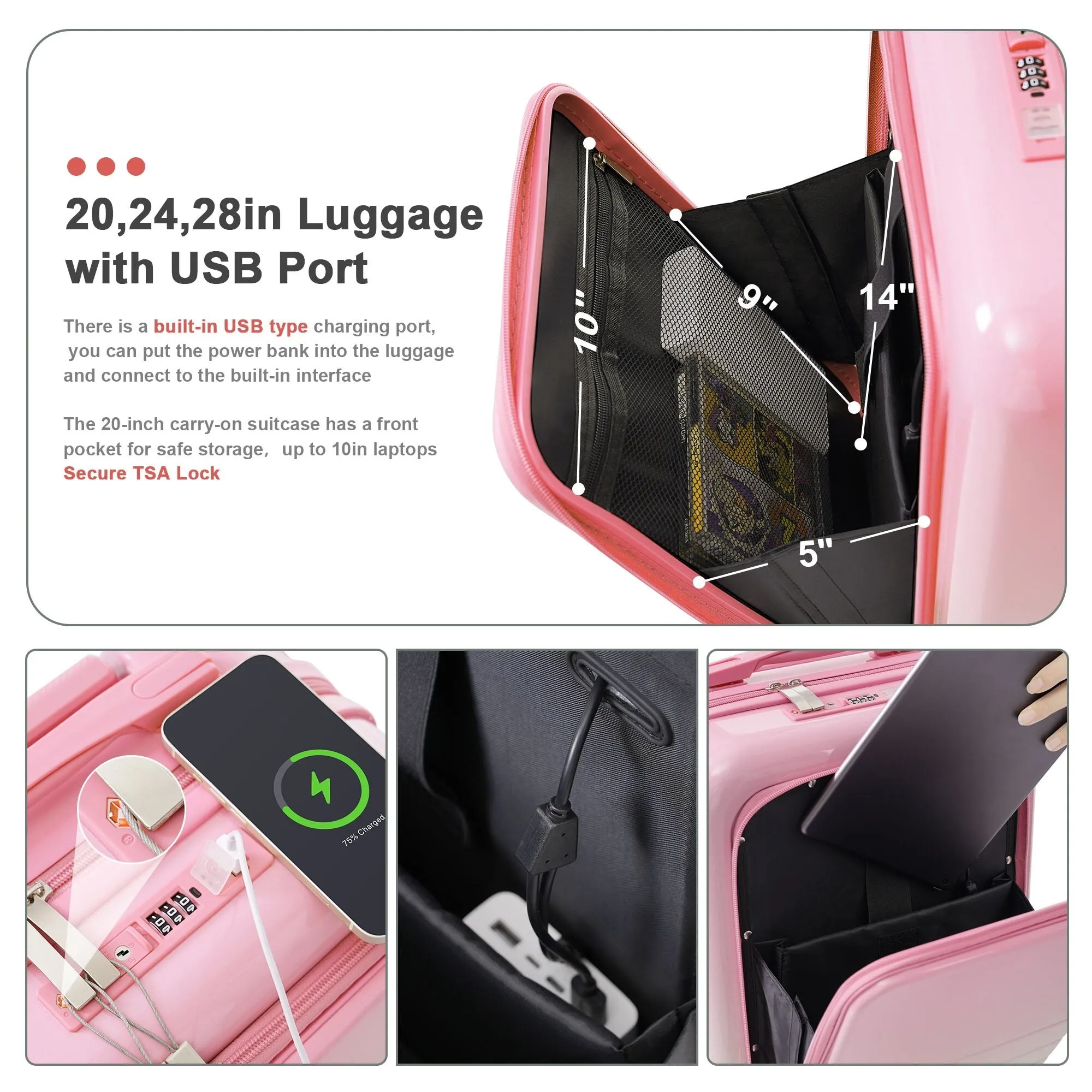 20/24/28inch Luggage Set with Spinner Wheels and USB Port & Cup Holder