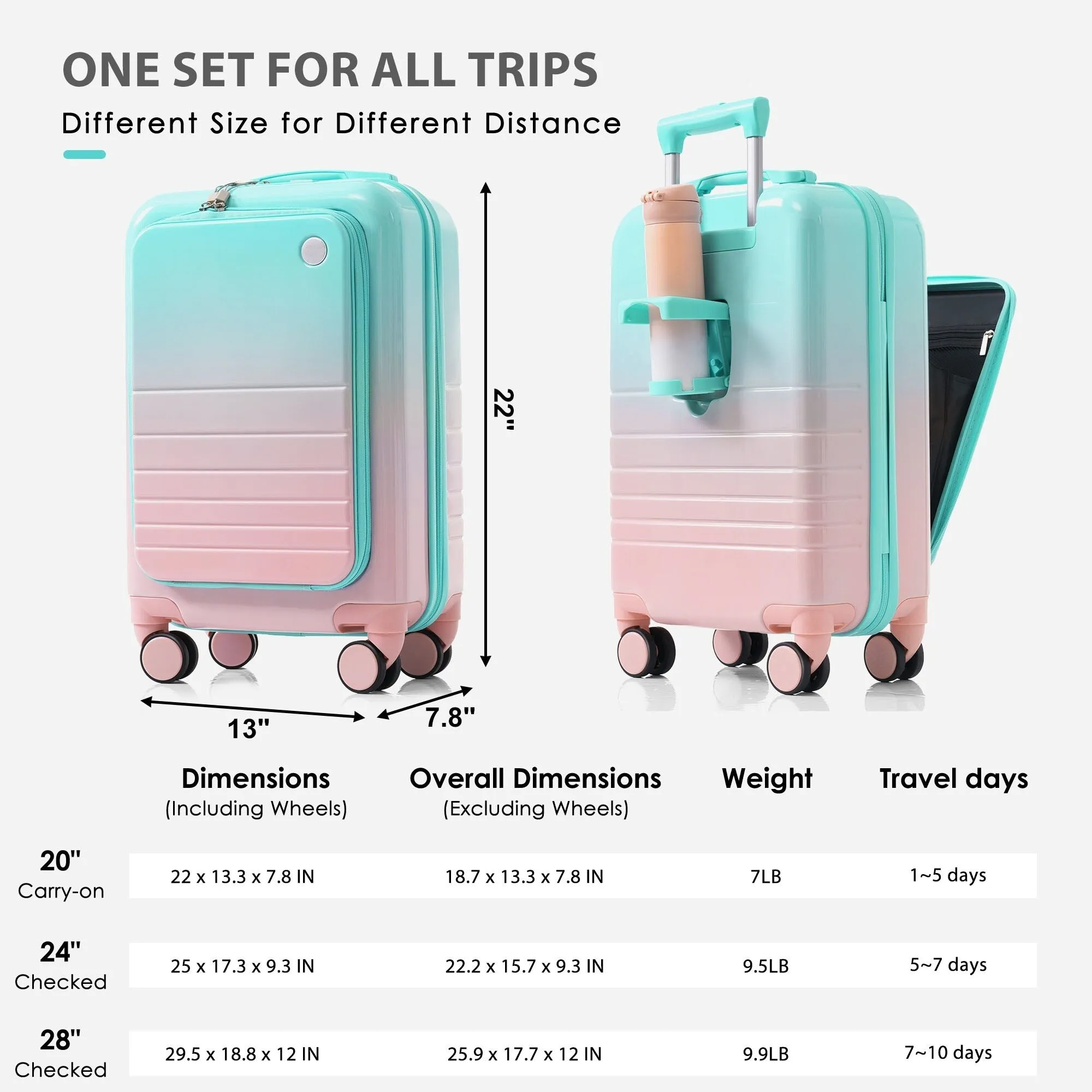 20/24/28inch Luggage Set with Spinner Wheels and USB Port & Cup Holder