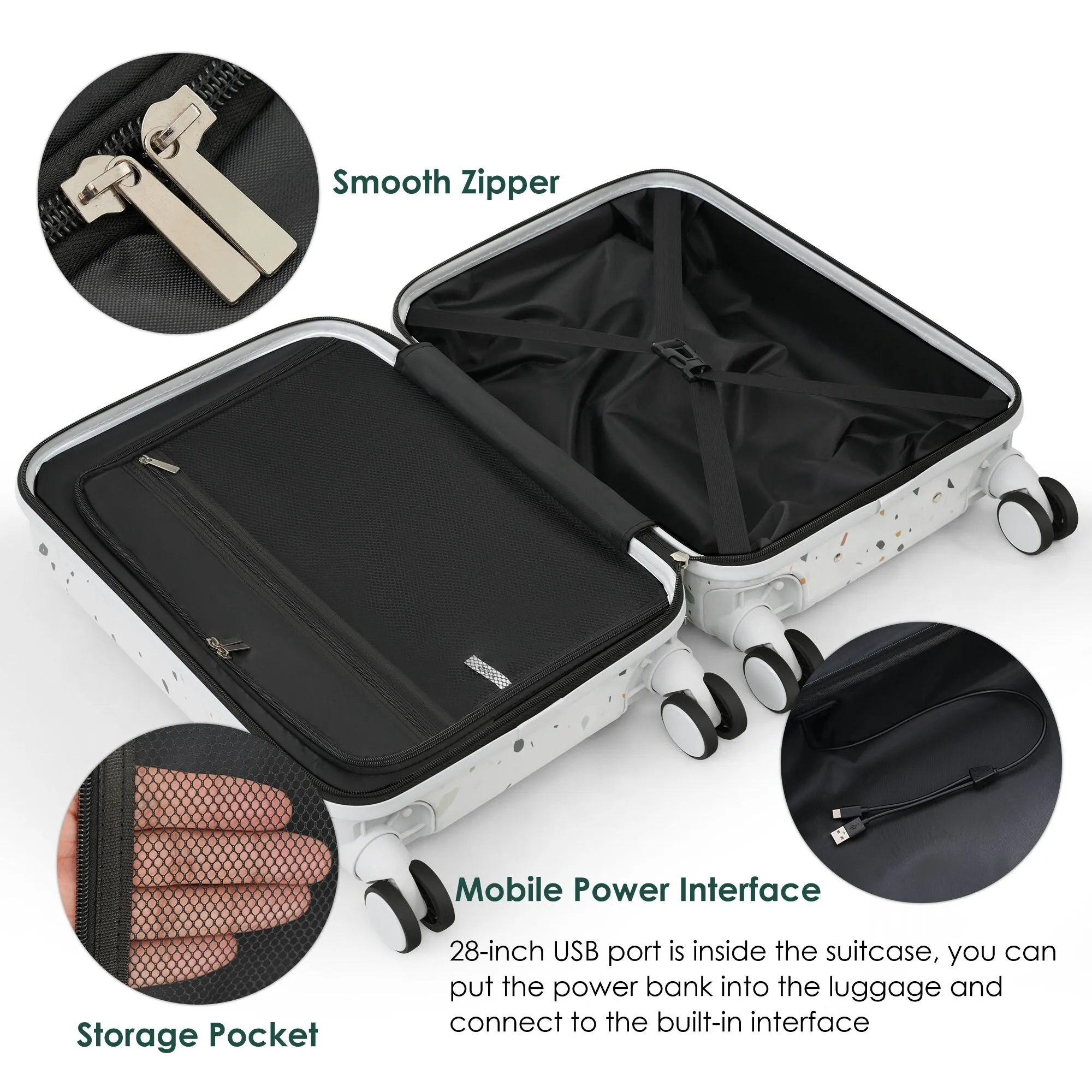 20/24/28inch Luggage Set with Spinner Wheels and USB Port & Cup Holder