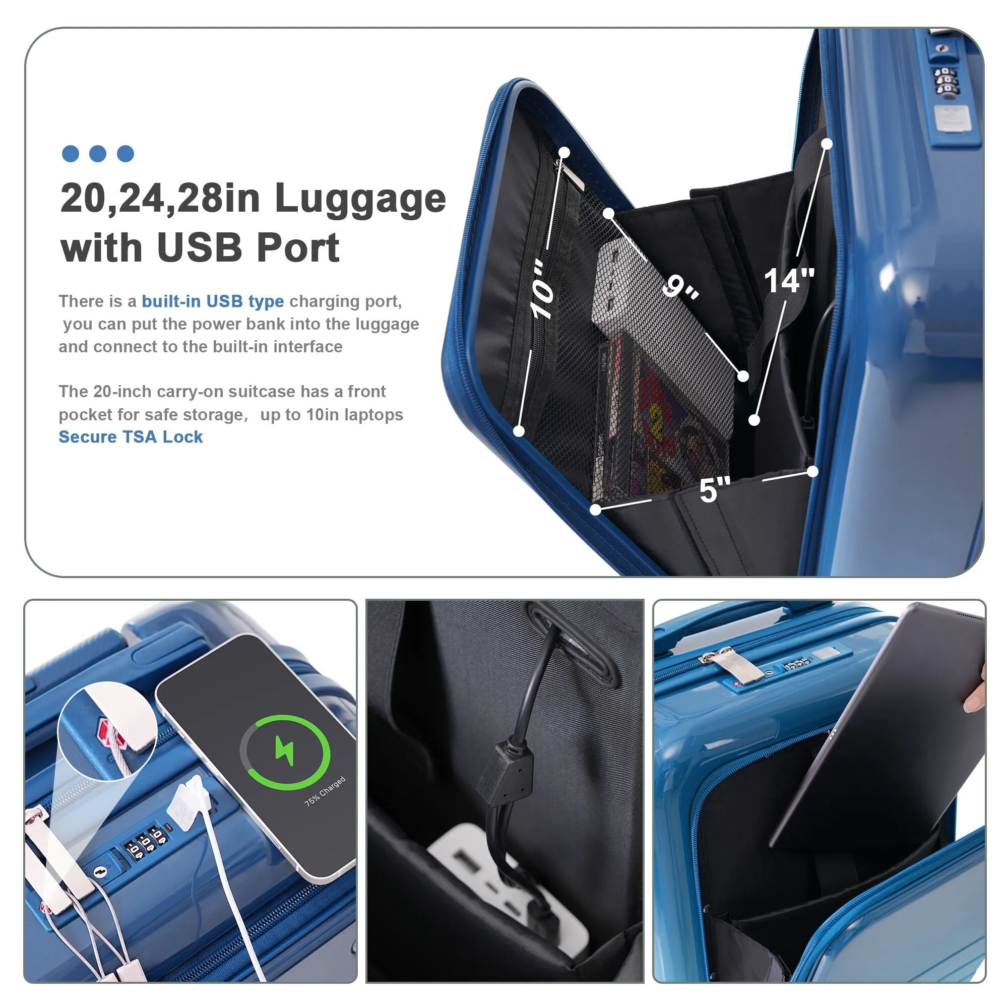 20/24/28inch Luggage Set with Spinner Wheels and USB Port & Cup Holder