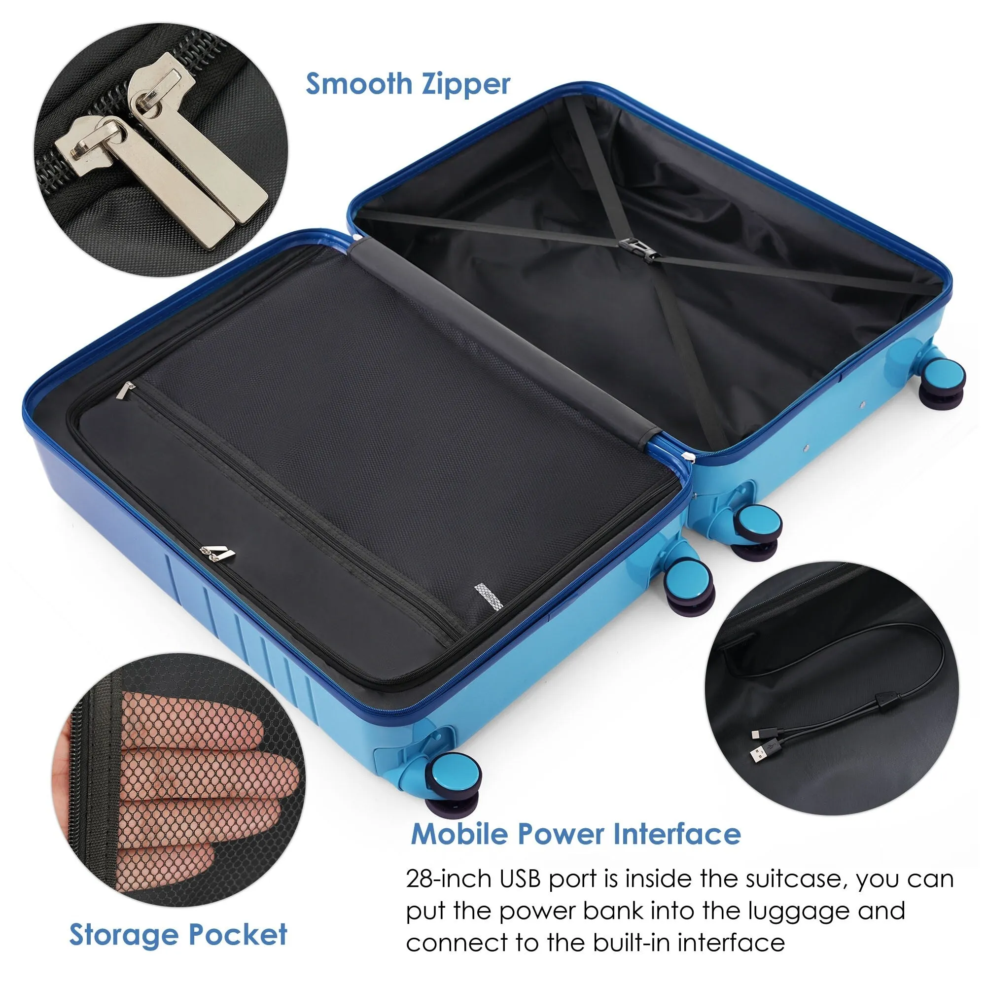 20/24/28inch Luggage Set with Spinner Wheels and USB Port & Cup Holder