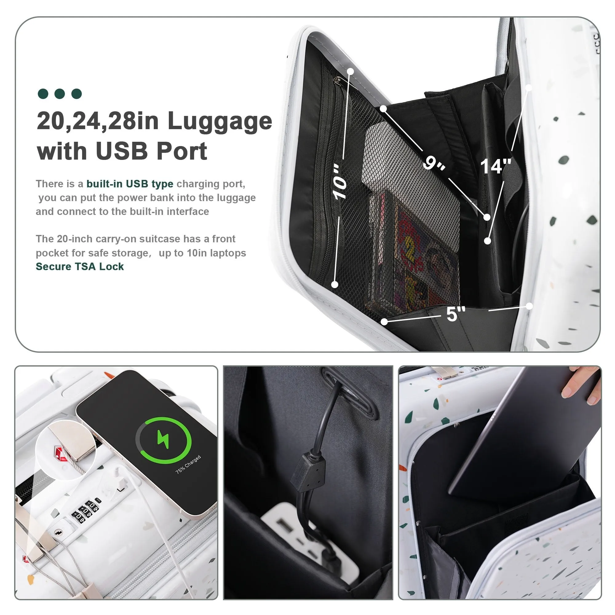 20/24/28inch Luggage Set with Spinner Wheels and USB Port & Cup Holder