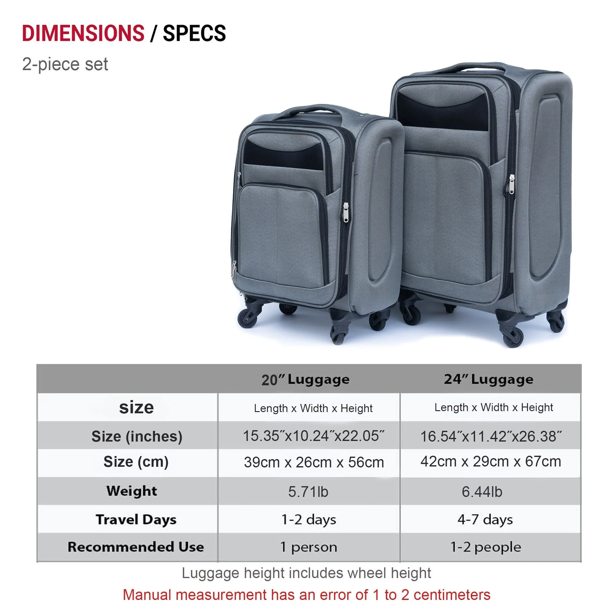 20"/24" Softsided Luggage Set with Universal Wheels & Ergonomic Handle