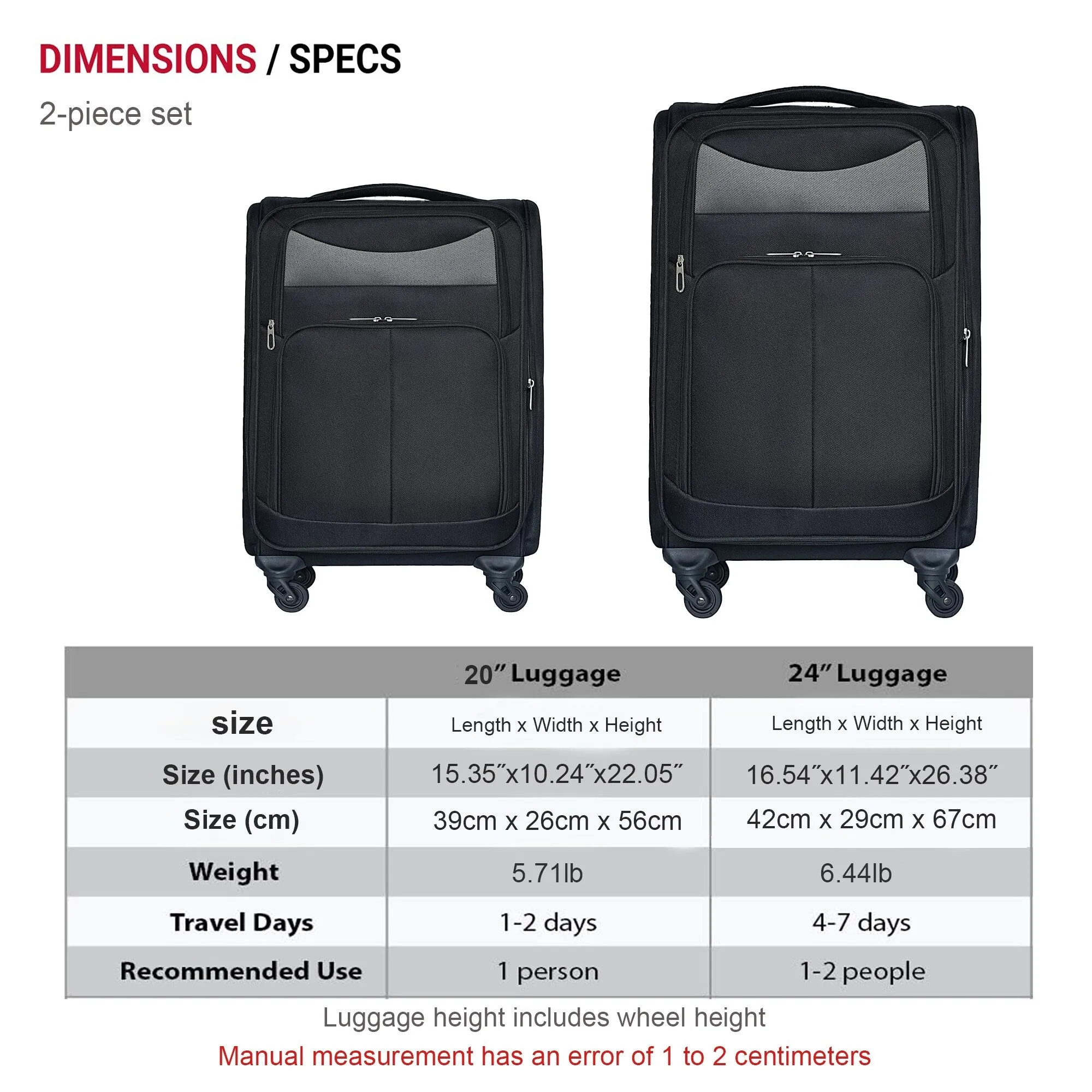 20"/24" Softsided Luggage Set with Universal Wheels & Ergonomic Handle