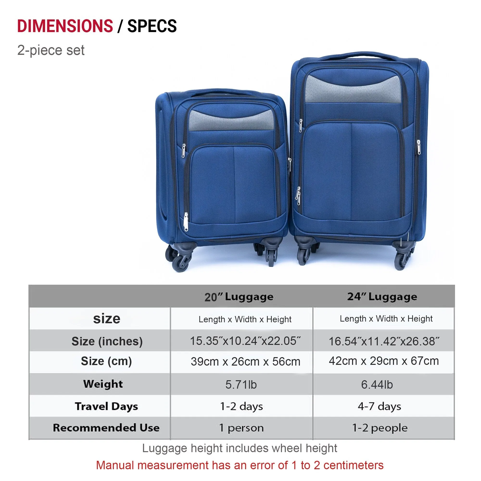 20"/24" Softsided Luggage Set with Universal Wheels & Ergonomic Handle