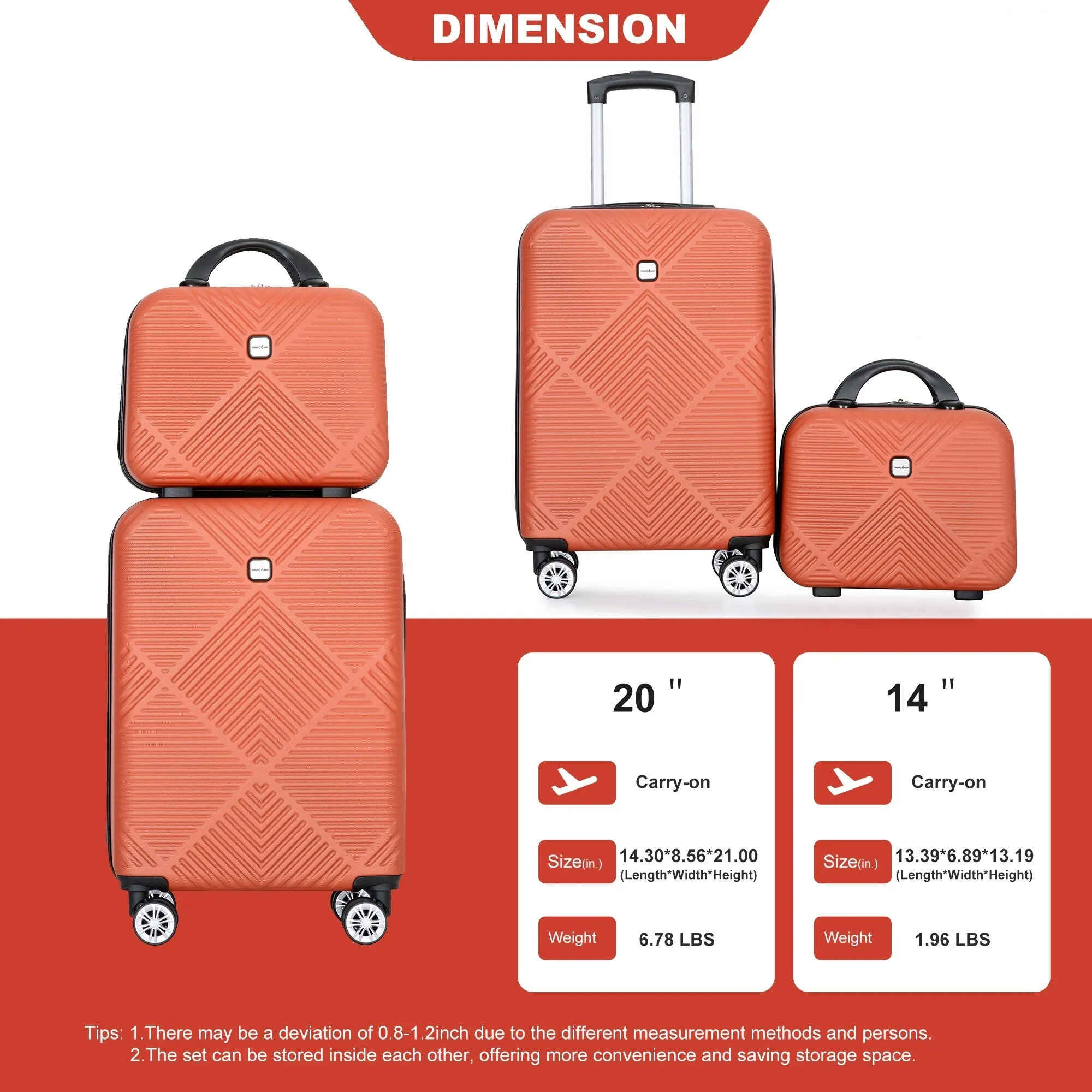 2Piece Luggage Sets ABS Lightweight Suitcase , Spinner Wheels, (20/14)