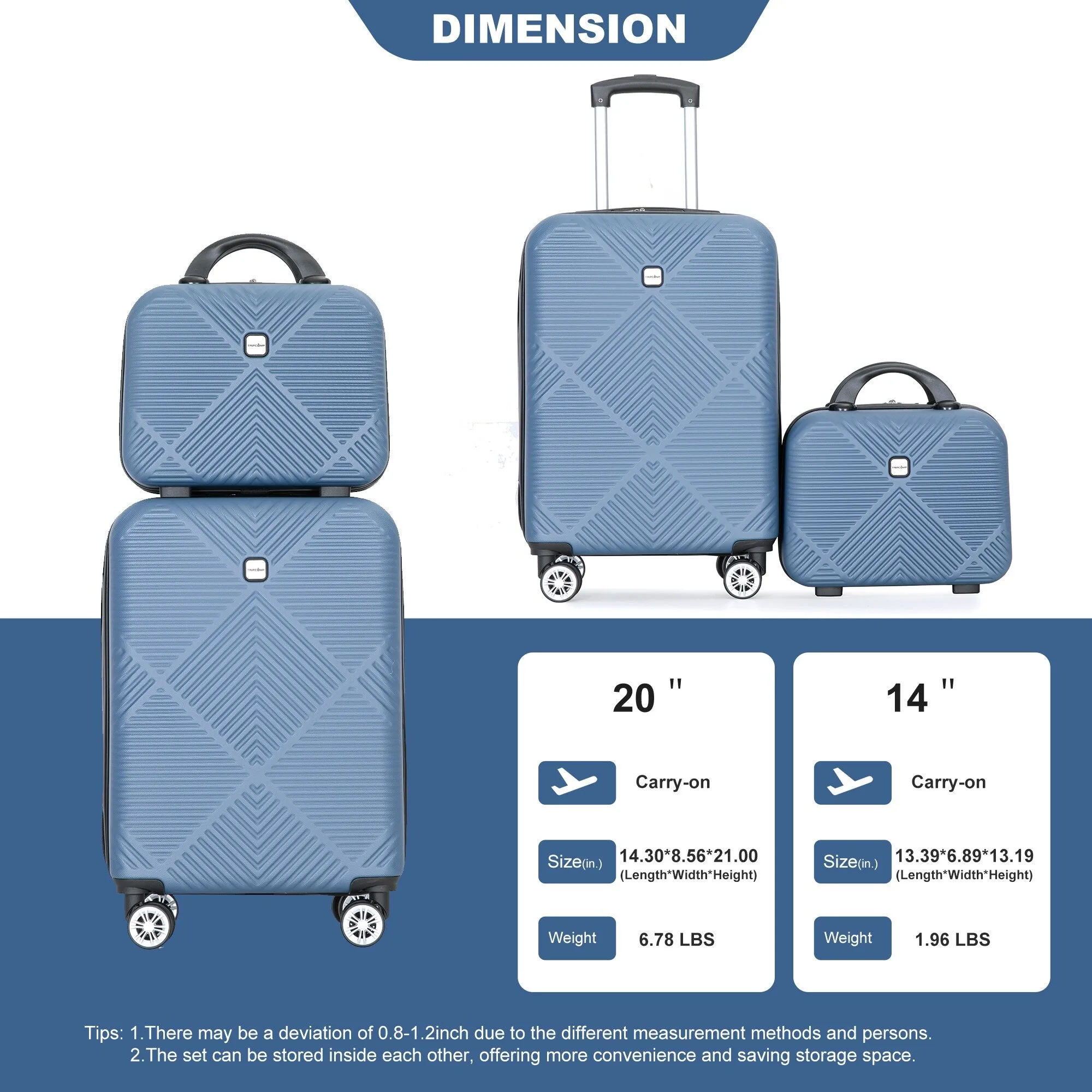 2Piece Luggage Sets ABS Lightweight Suitcase , Spinner Wheels, (20/14)