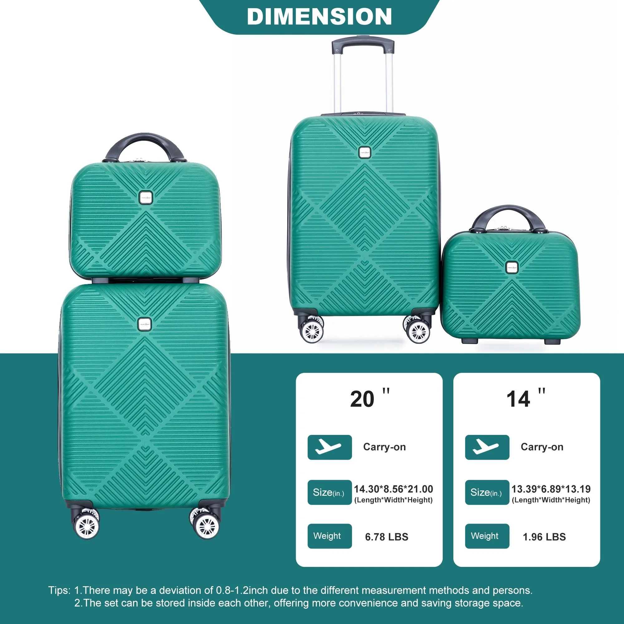 2Piece Luggage Sets ABS Lightweight Suitcase , Spinner Wheels, (20/14)