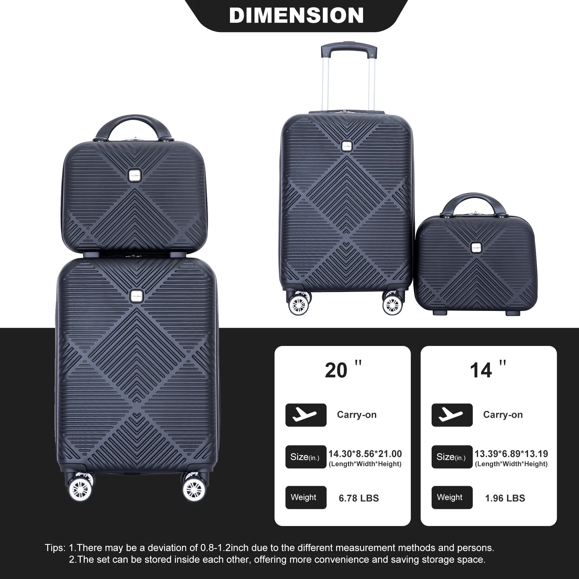 2Piece Luggage Sets ABS Lightweight Suitcase , Spinner Wheels, (20/14)