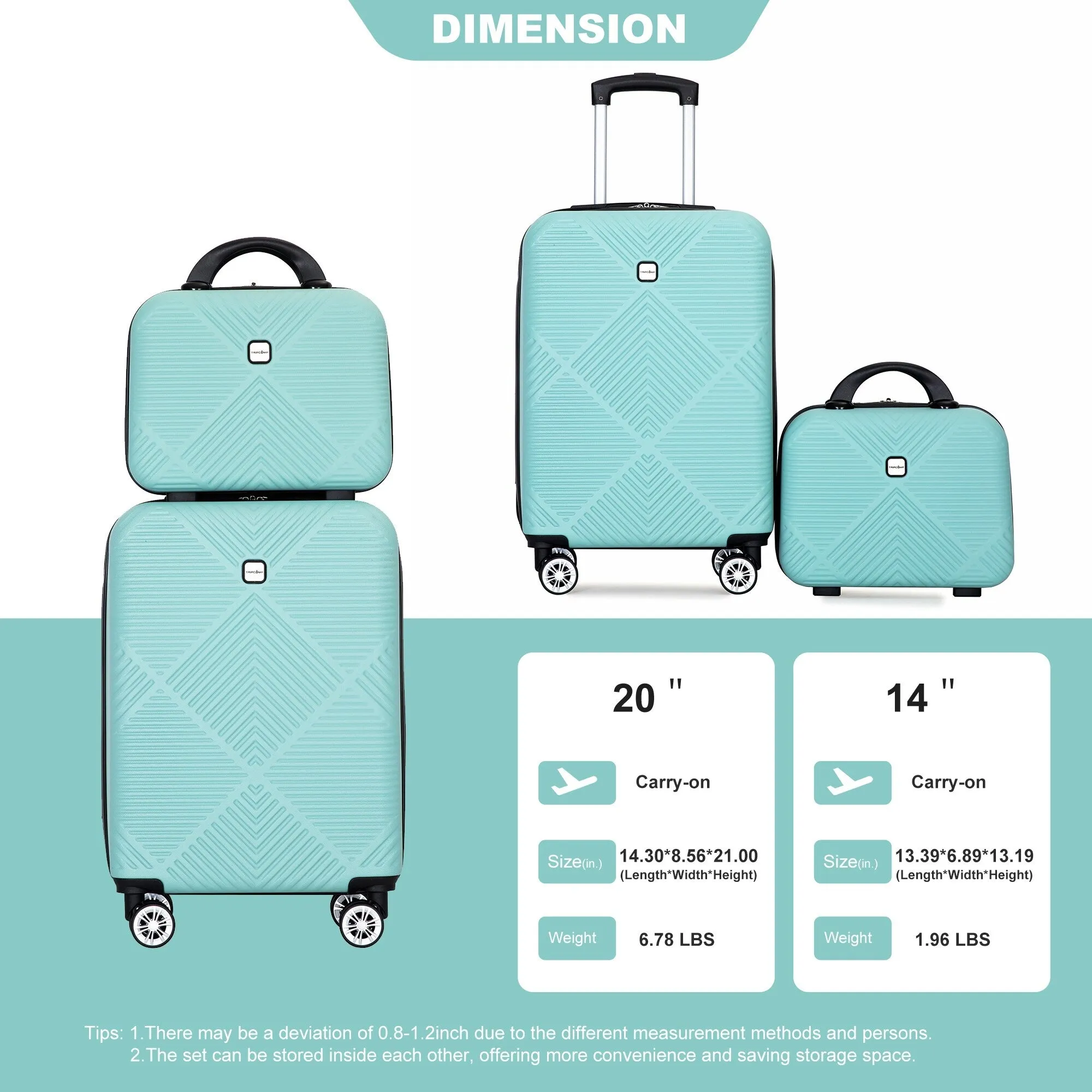 2Piece Luggage Sets ABS Lightweight Suitcase , Spinner Wheels, (20/14)