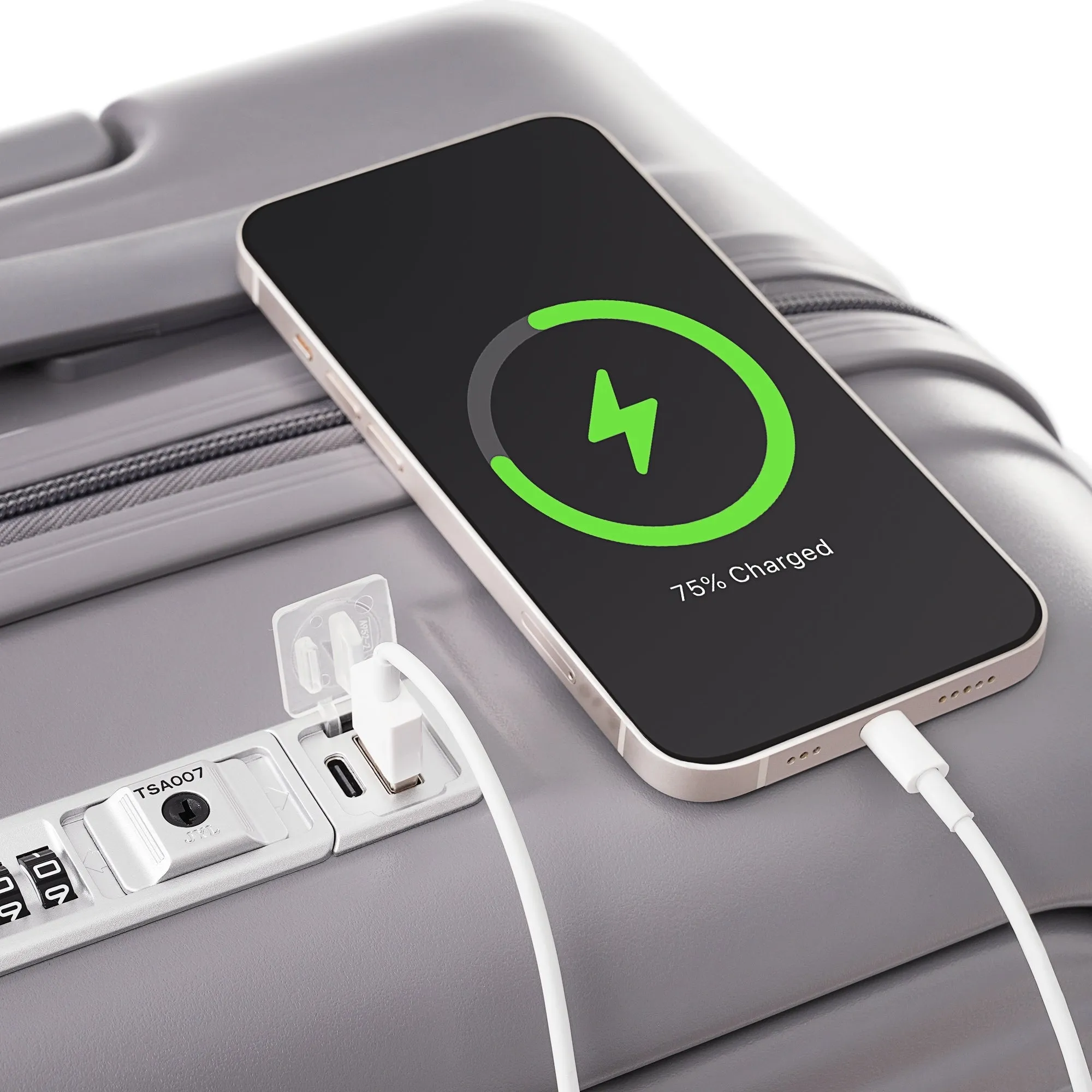 3 Pcs Luggage Set, ABS Hard Shell Front Opening Spinner Luggage with USB Charging Ports, Cup Holder