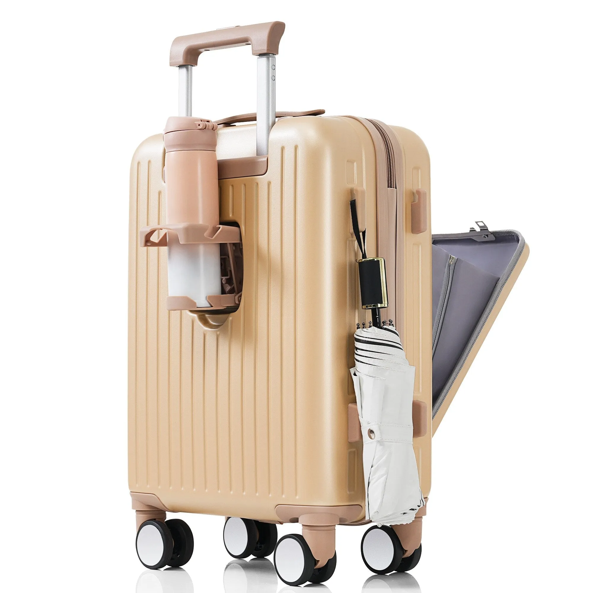 3 Pcs Luggage Set, ABS Hard Shell Front Opening Spinner Luggage with USB Charging Ports, Cup Holder