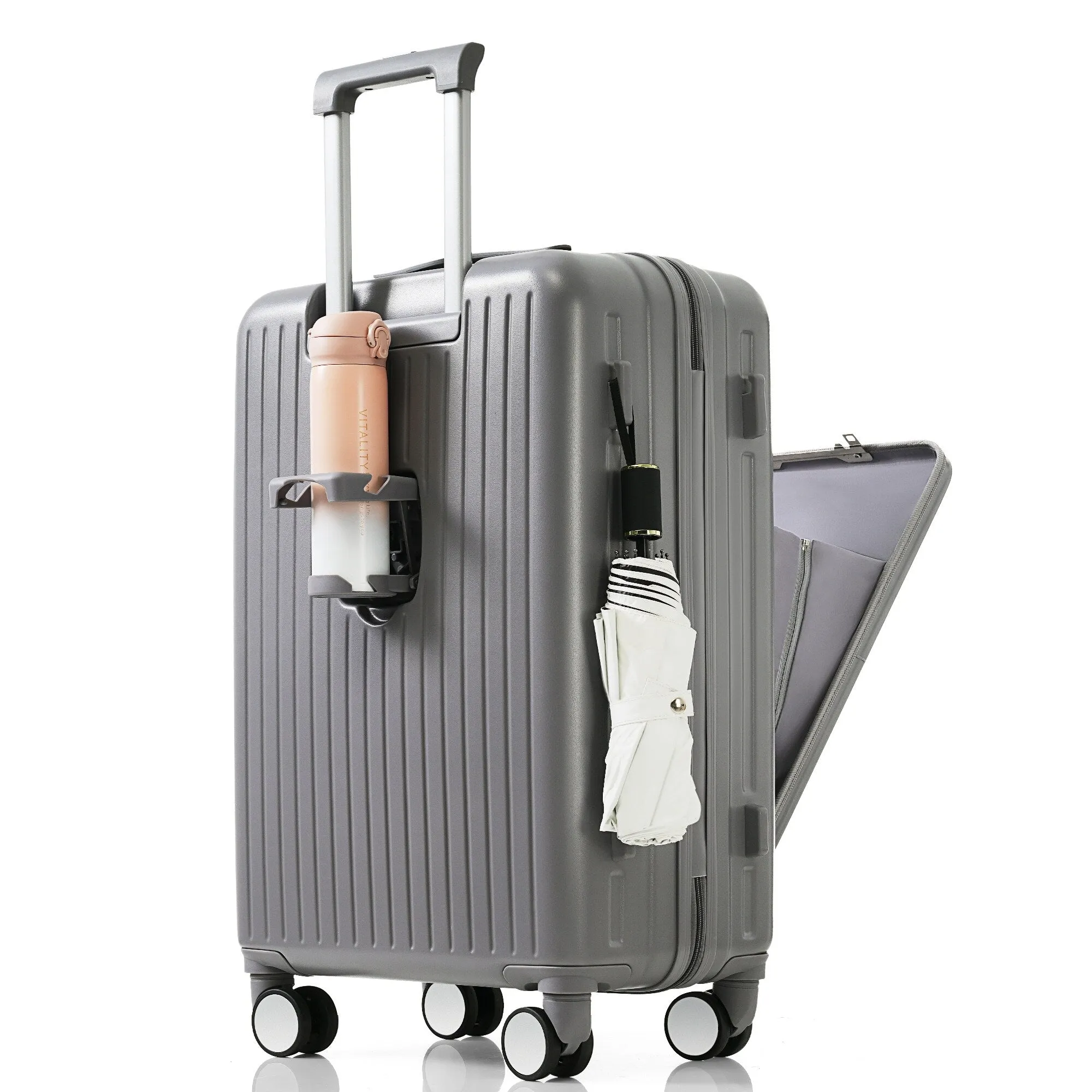 3 Pcs Luggage Set, ABS Hard Shell Front Opening Spinner Luggage with USB Charging Ports, Cup Holder