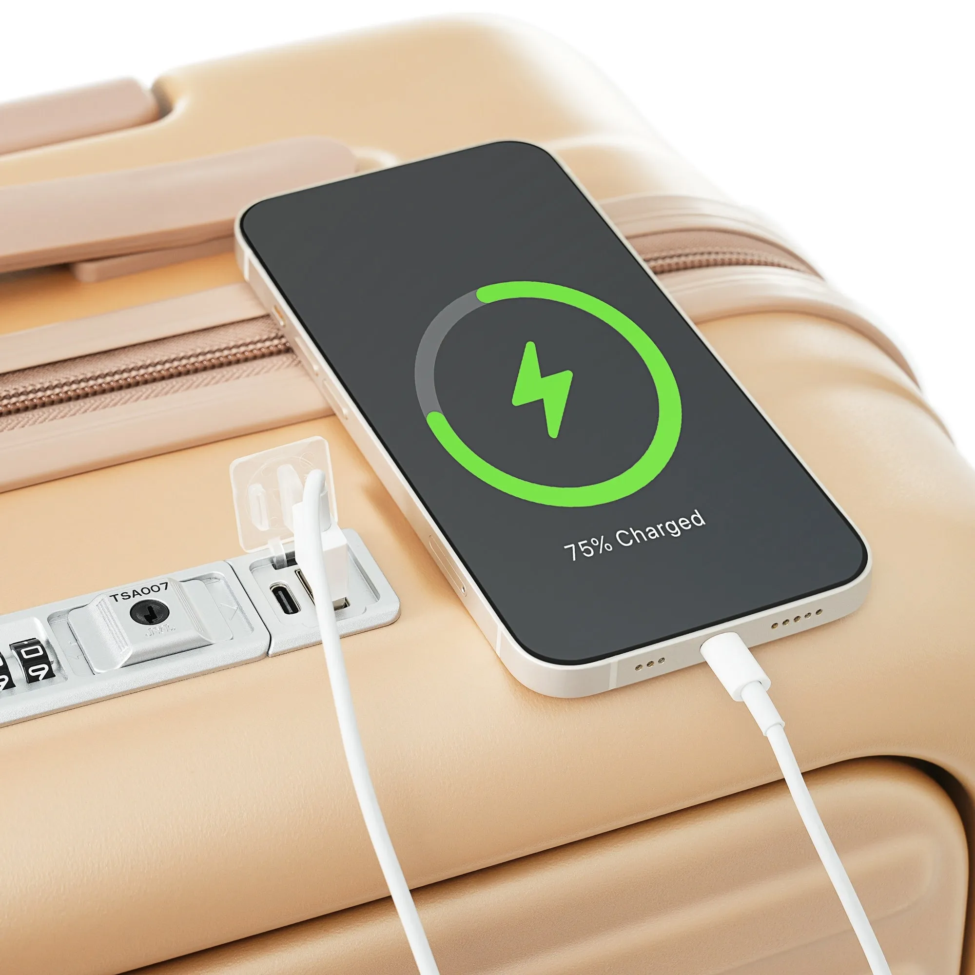 3 Pcs Luggage Set, ABS Hard Shell Front Opening Spinner Luggage with USB Charging Ports, Cup Holder