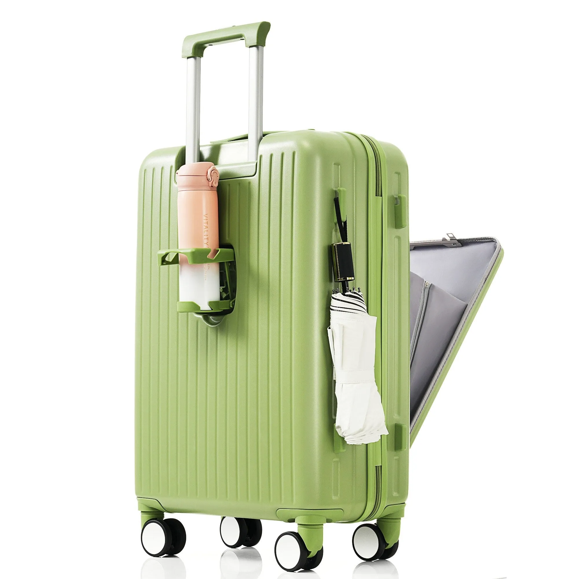 3 Pcs Luggage Set, ABS Hard Shell Front Opening Spinner Luggage with USB Charging Ports, Cup Holder