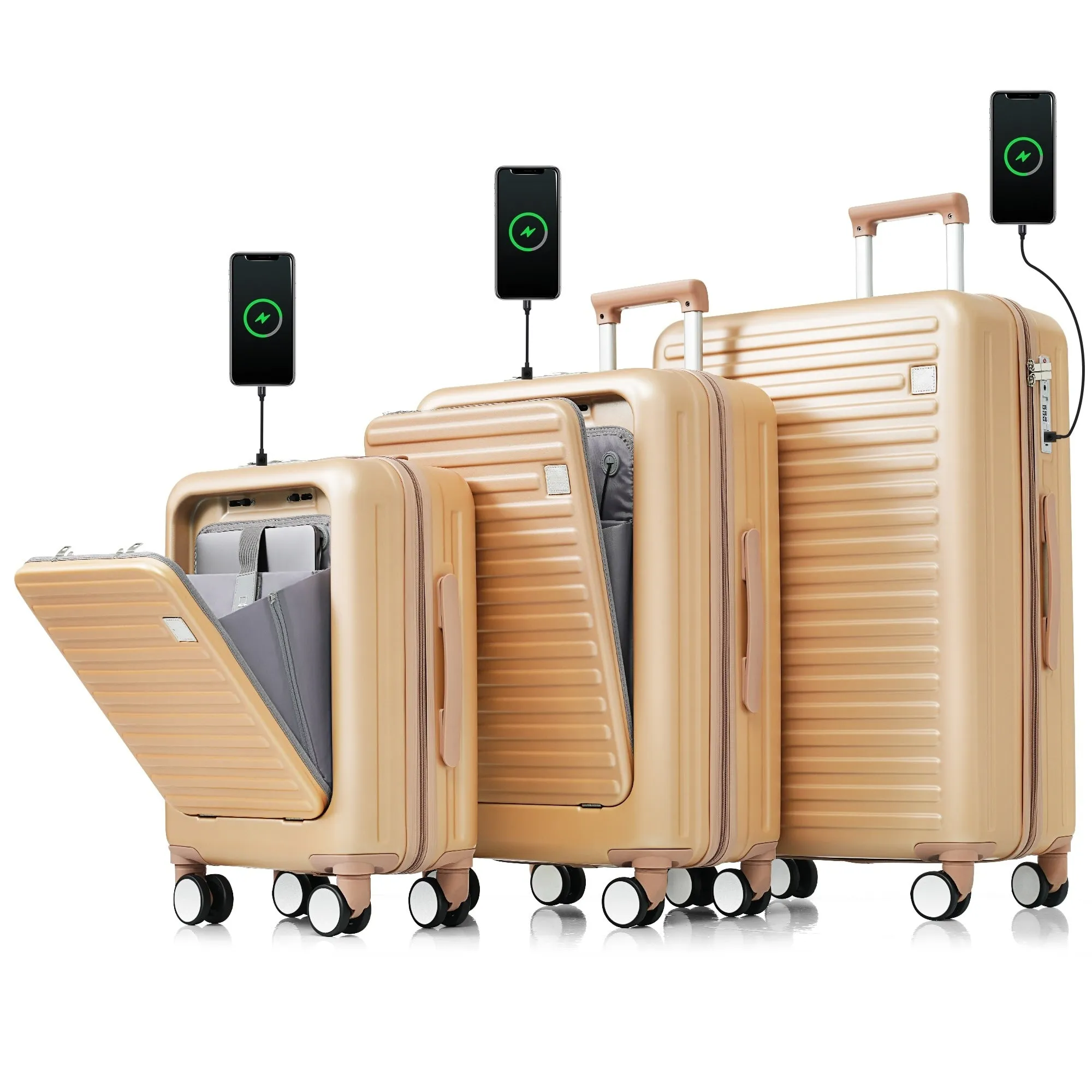 3 Pcs Luggage Set, ABS Hard Shell Front Opening Spinner Luggage with USB Charging Ports, Cup Holder