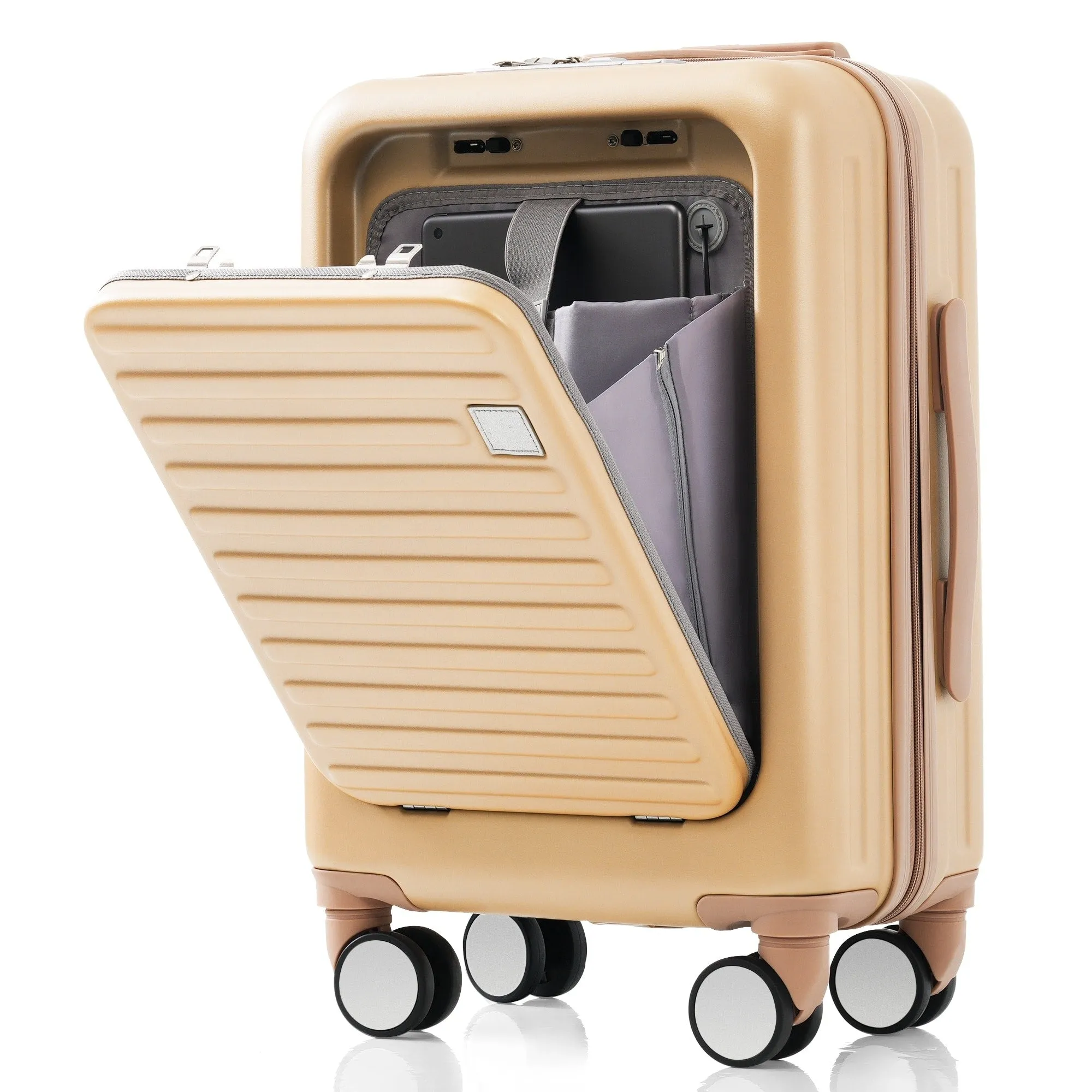 3 Pcs Luggage Set, ABS Hard Shell Front Opening Spinner Luggage with USB Charging Ports, Cup Holder