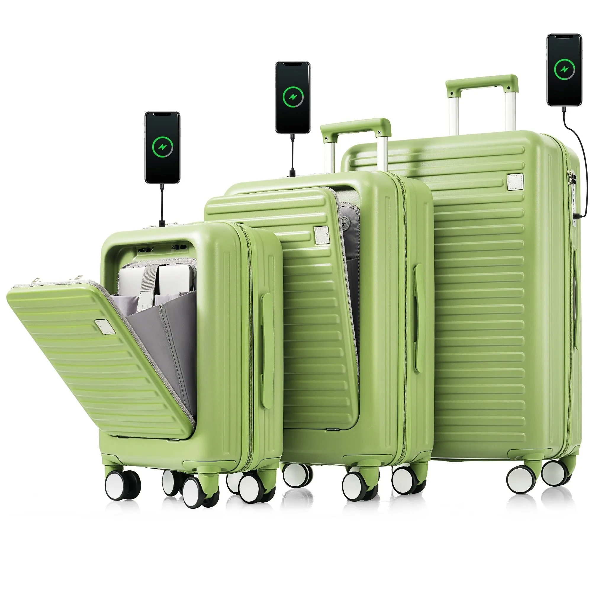 3 Pcs Luggage Set, ABS Hard Shell Front Opening Spinner Luggage with USB Charging Ports, Cup Holder