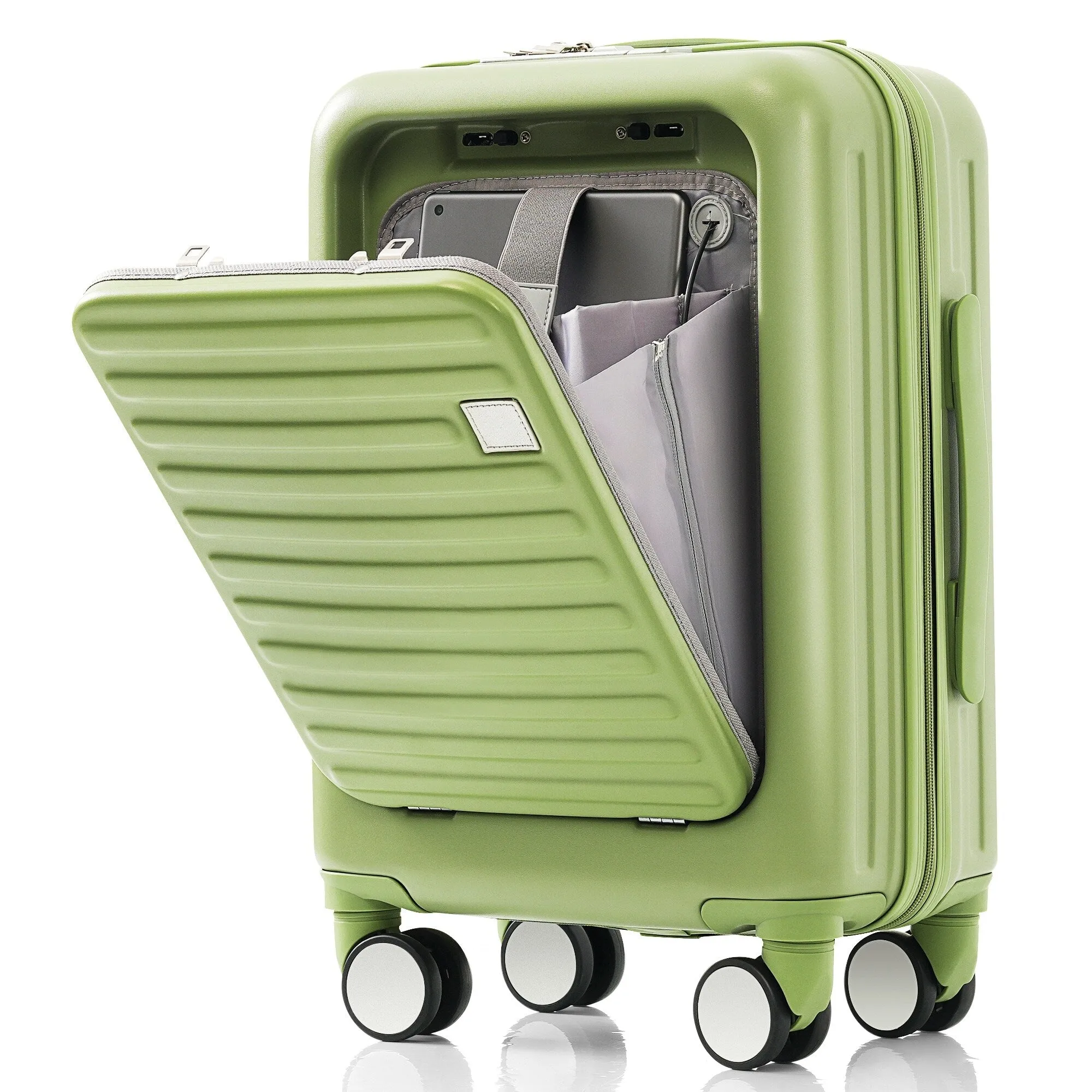 3 Pcs Luggage Set, ABS Hard Shell Front Opening Spinner Luggage with USB Charging Ports, Cup Holder