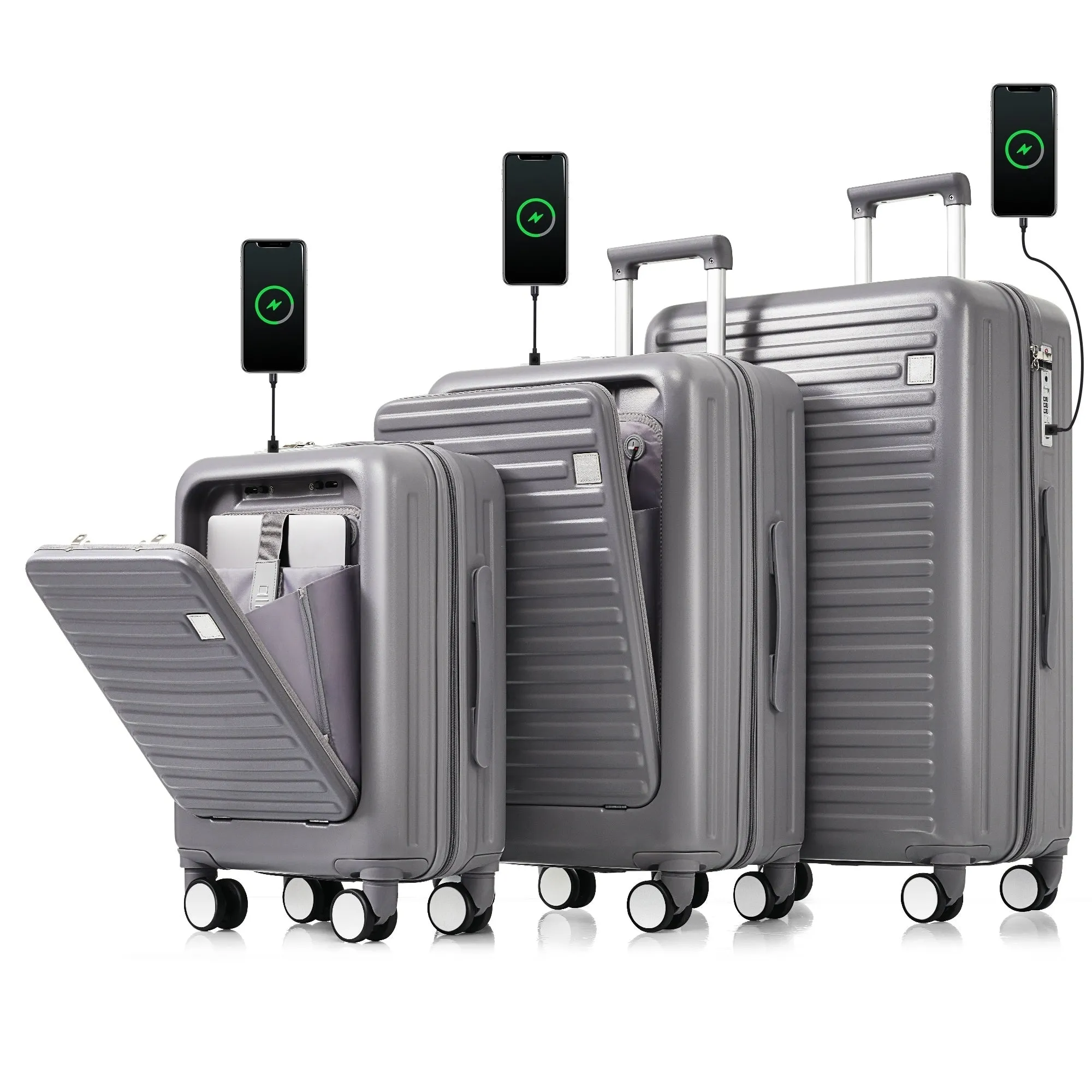 3 Pcs Luggage Set, ABS Hard Shell Front Opening Spinner Luggage with USB Charging Ports, Cup Holder