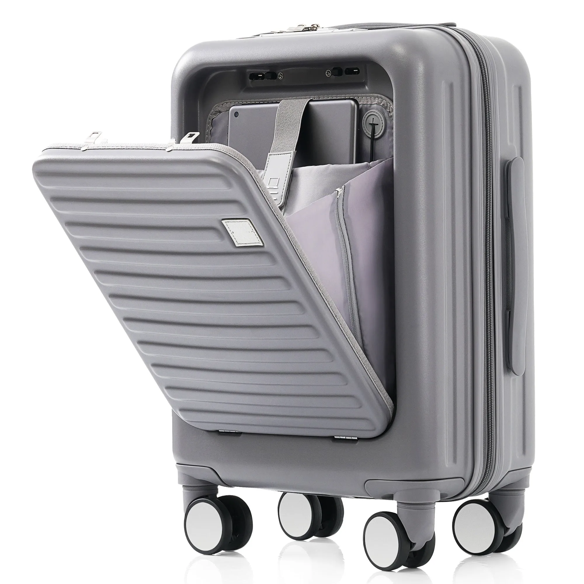 3 Pcs Luggage Set, ABS Hard Shell Front Opening Spinner Luggage with USB Charging Ports, Cup Holder