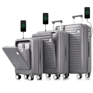 3 Pcs Luggage Set, ABS Hard Shell Front Opening Spinner Luggage with USB Charging Ports, Cup Holder