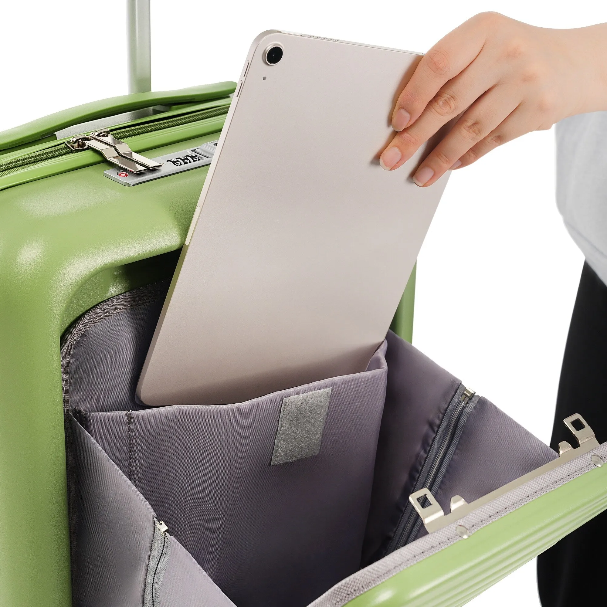 3 Pcs Luggage Set, ABS Hard Shell Front Opening Spinner Luggage with USB Charging Ports, Cup Holder