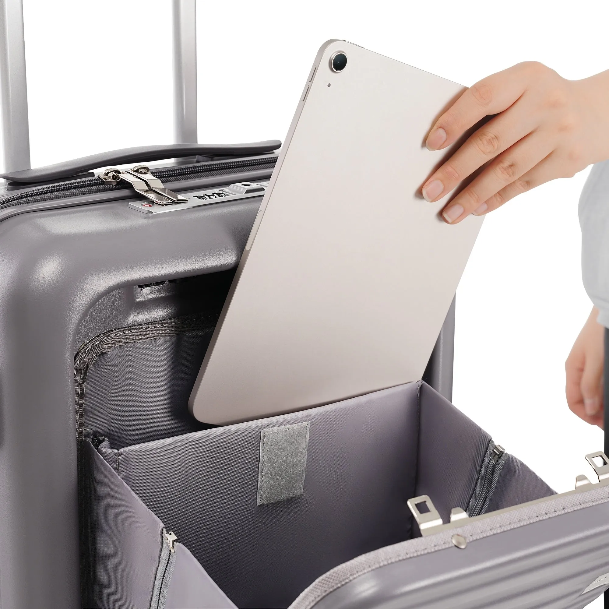 3 Pcs Luggage Set, ABS Hard Shell Front Opening Spinner Luggage with USB Charging Ports, Cup Holder