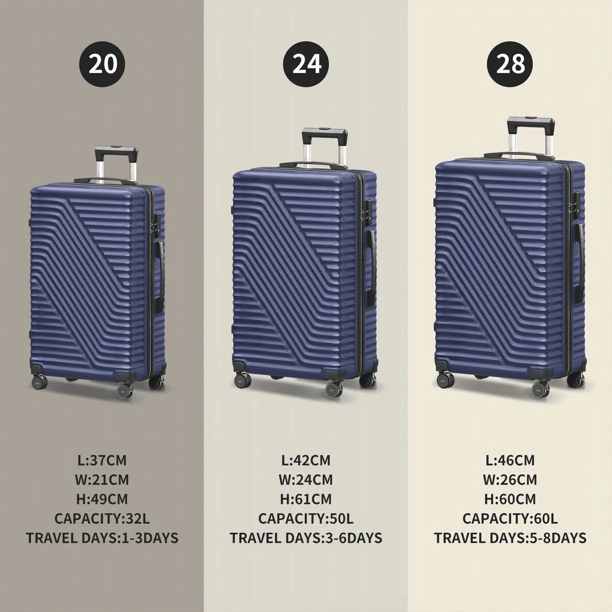 3-Pcs Luggage Sets, ABS Lightweight Suitcase Sets with TSA Lock, Dark Blue
