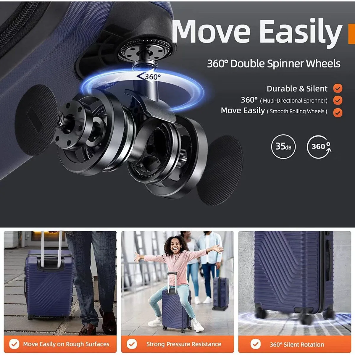 3-Pcs Luggage Sets, ABS Lightweight Suitcase Sets with TSA Lock, Dark Blue