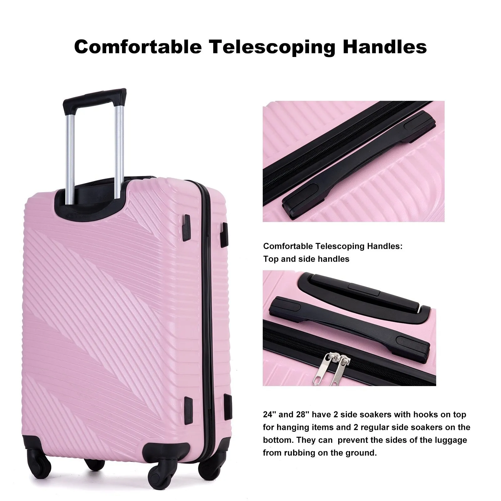 3 Pcs Luggage Sets w/Adjustable Pull Rod and Spinner Wheels & 2 Hooks