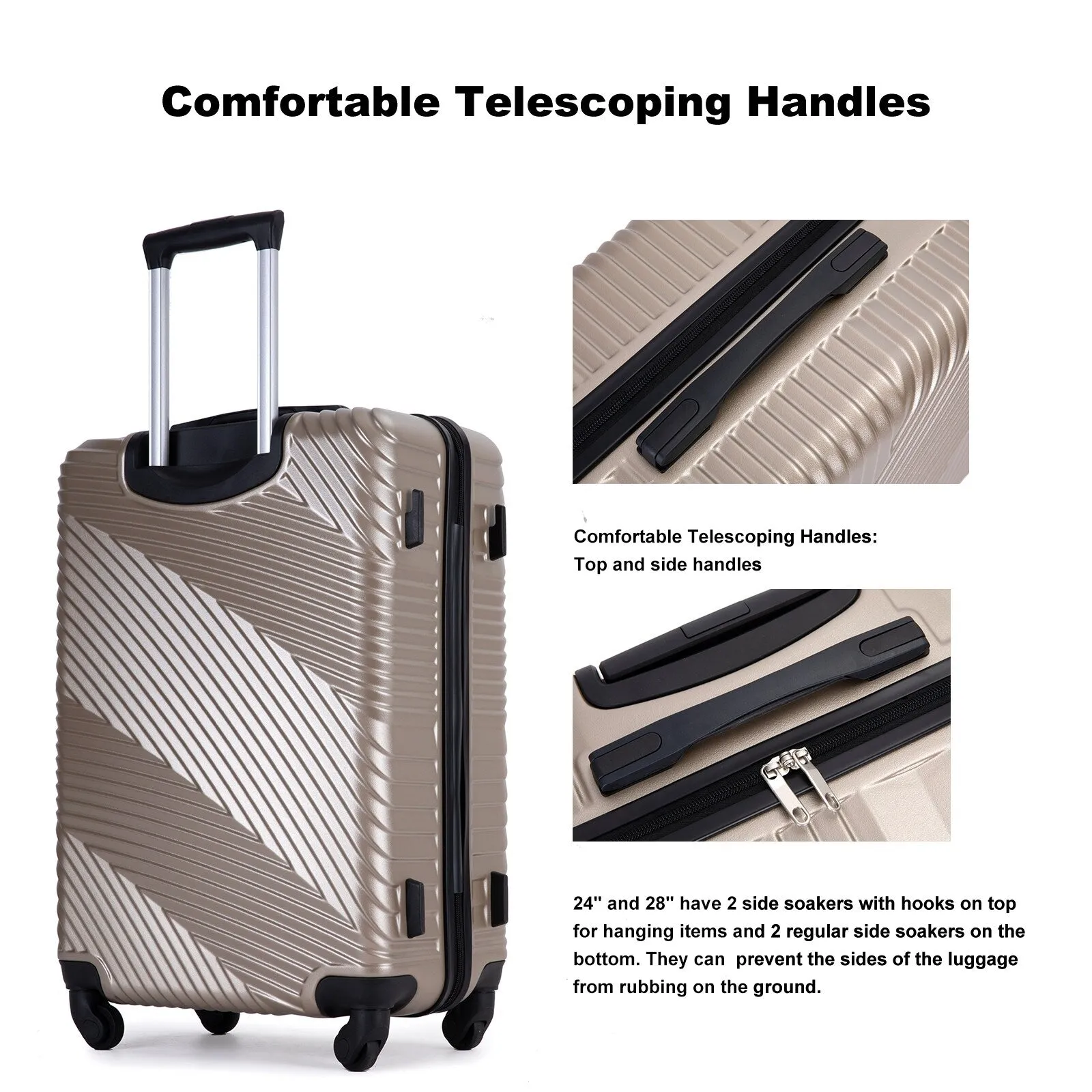 3 Pcs Luggage Sets w/Adjustable Pull Rod and Spinner Wheels & 2 Hooks