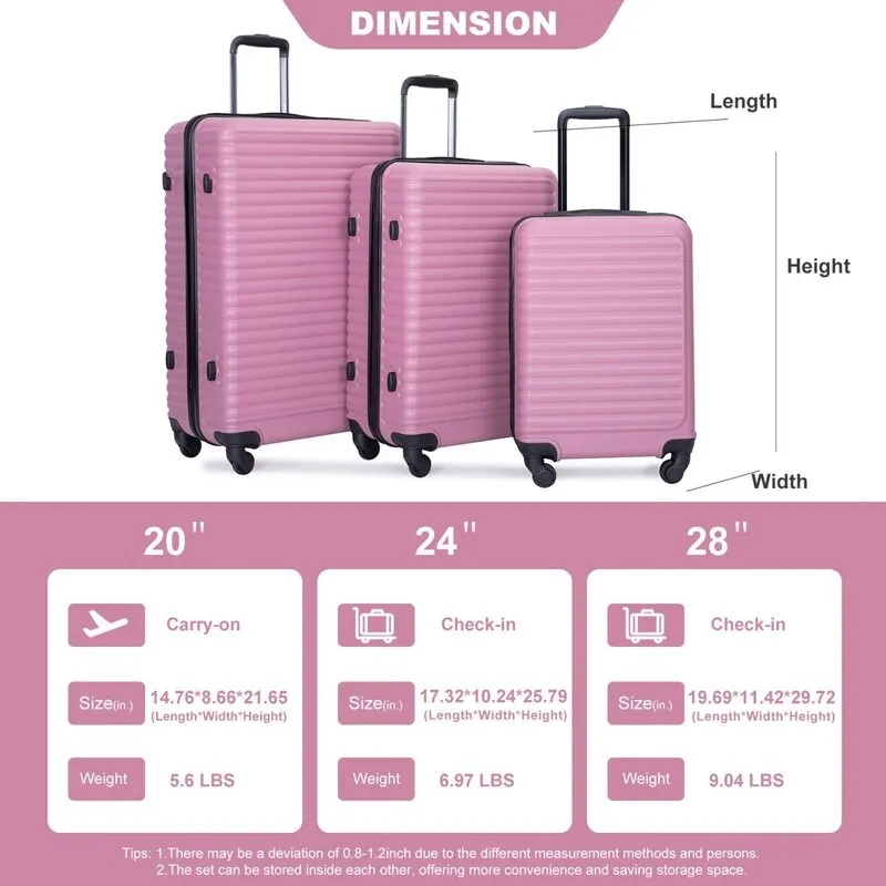 3 Piece ABS Lightweight Suitcase Luggage Sets with Two Hooks,TSA Lock