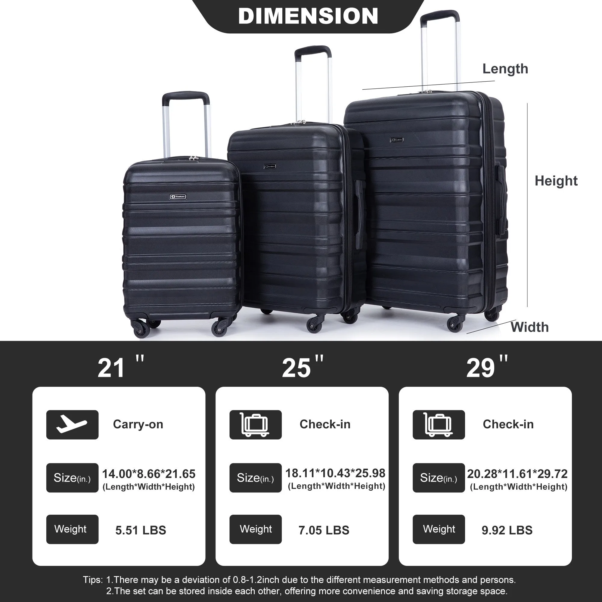 3-Piece Lightweight Luggage Set with TSA Lock and Spinner Wheels