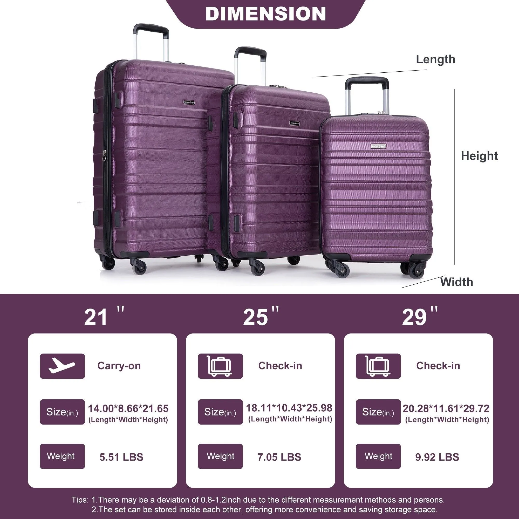 3-Piece Lightweight Luggage Set with TSA Lock and Spinner Wheels