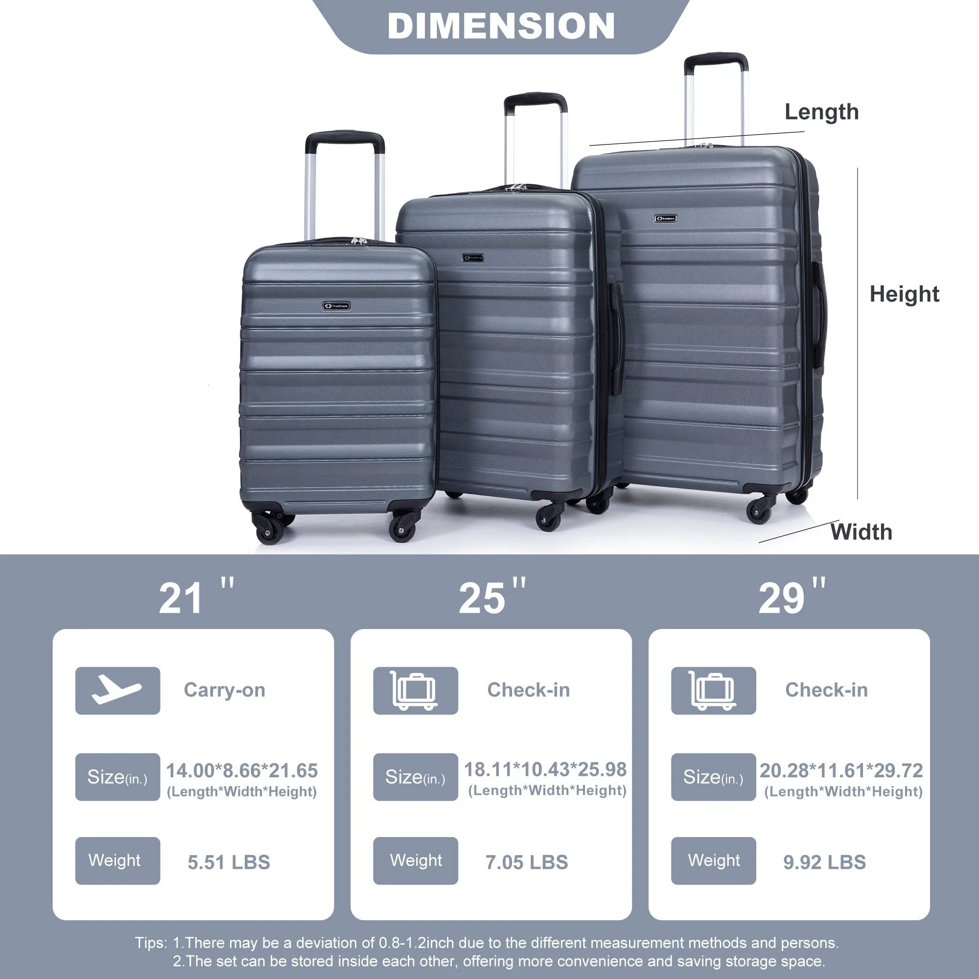 3-Piece Lightweight Luggage Set with TSA Lock and Spinner Wheels