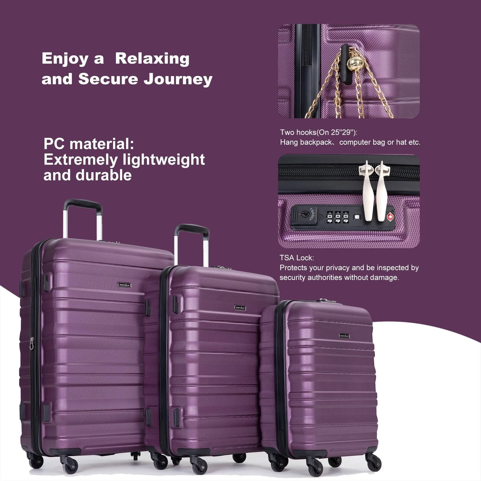 3-Piece Lightweight Luggage Set with TSA Lock and Spinner Wheels