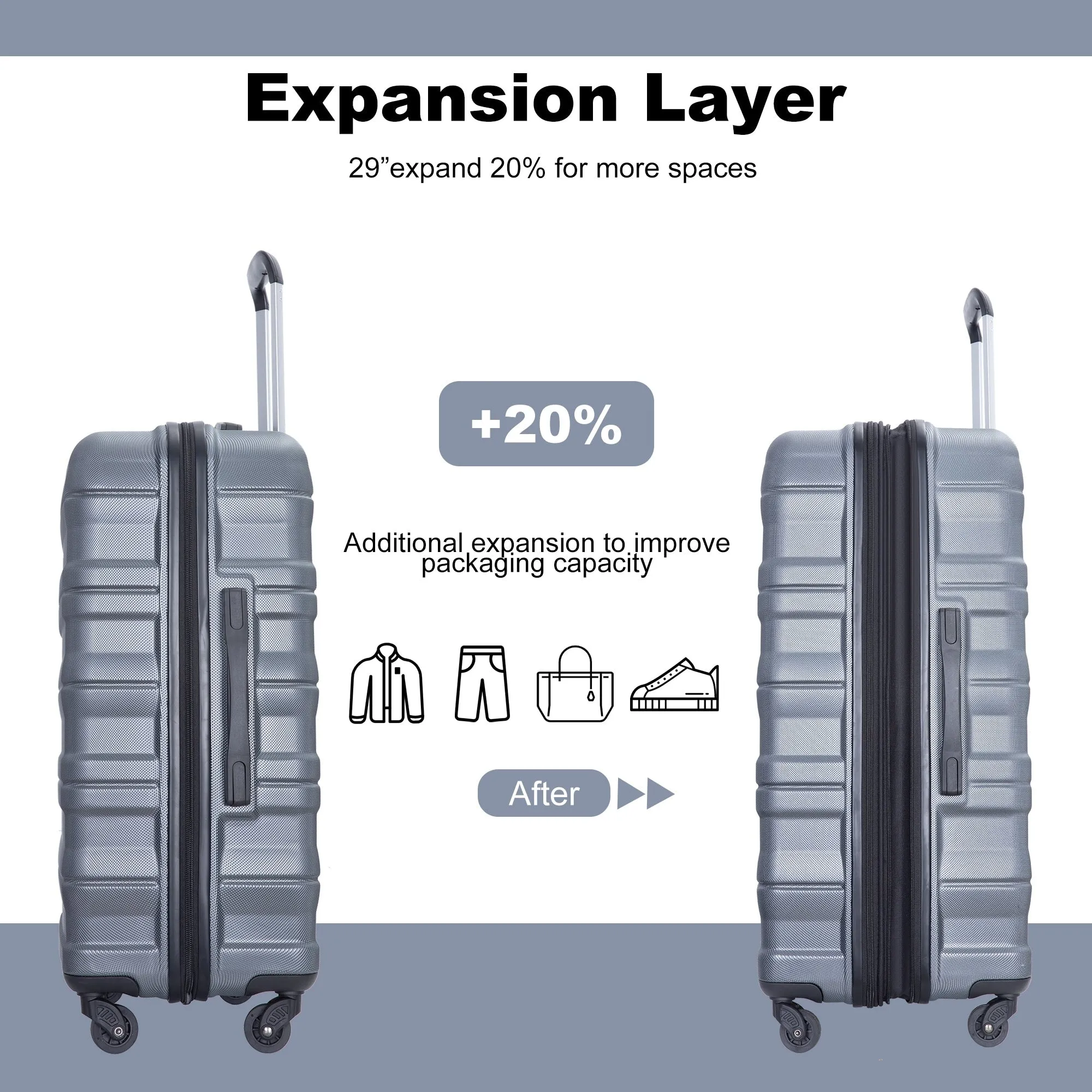 3 Piece Luggage Sets PC Lightweight & Durable Expandable Suitcase with Two Hooks, Spinner Wheels, TSA Lock, (21/25/29)