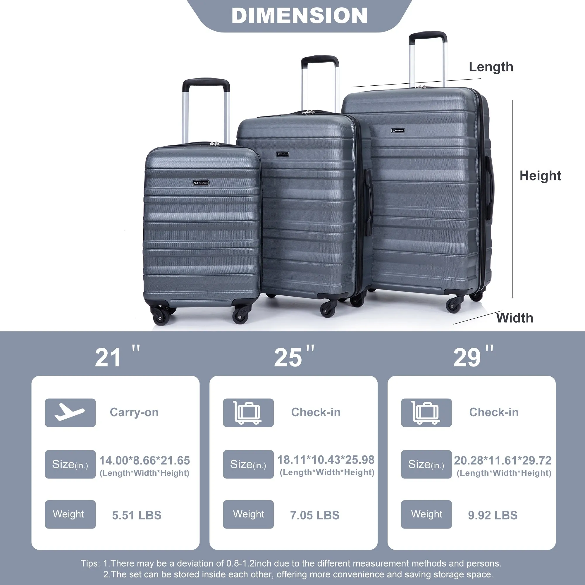3 Piece Luggage Sets PC Lightweight & Durable Expandable Suitcase with Two Hooks, Spinner Wheels, TSA Lock, (21/25/29)