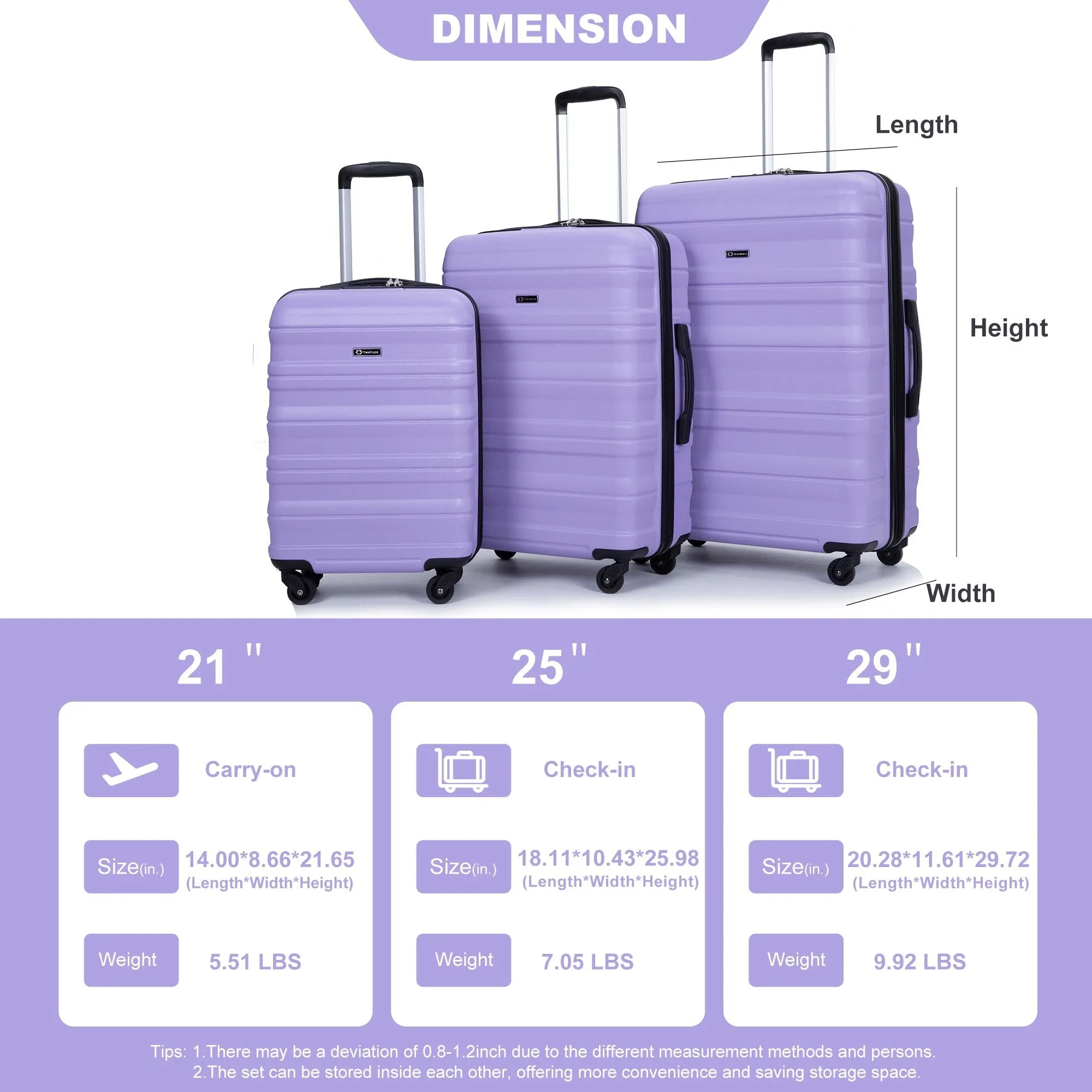 3 Piece Luggage Sets PC Lightweight & Durable Expandable Suitcase with Two Hooks, Spinner Wheels, TSA Lock, (21/25/29)
