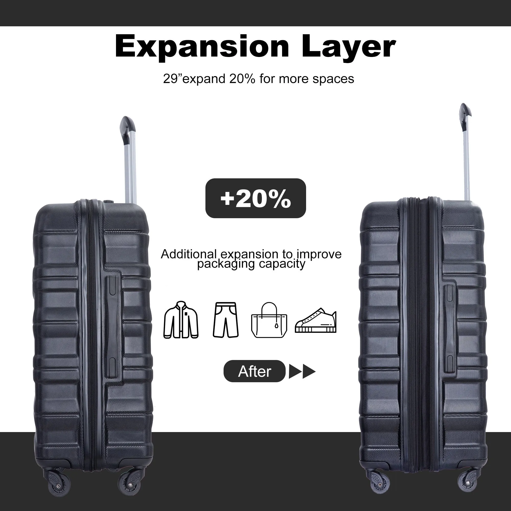 3 Piece Luggage Sets PC Lightweight & Durable Expandable Suitcase with Two Hooks, Spinner Wheels, TSA Lock, (21/25/29)