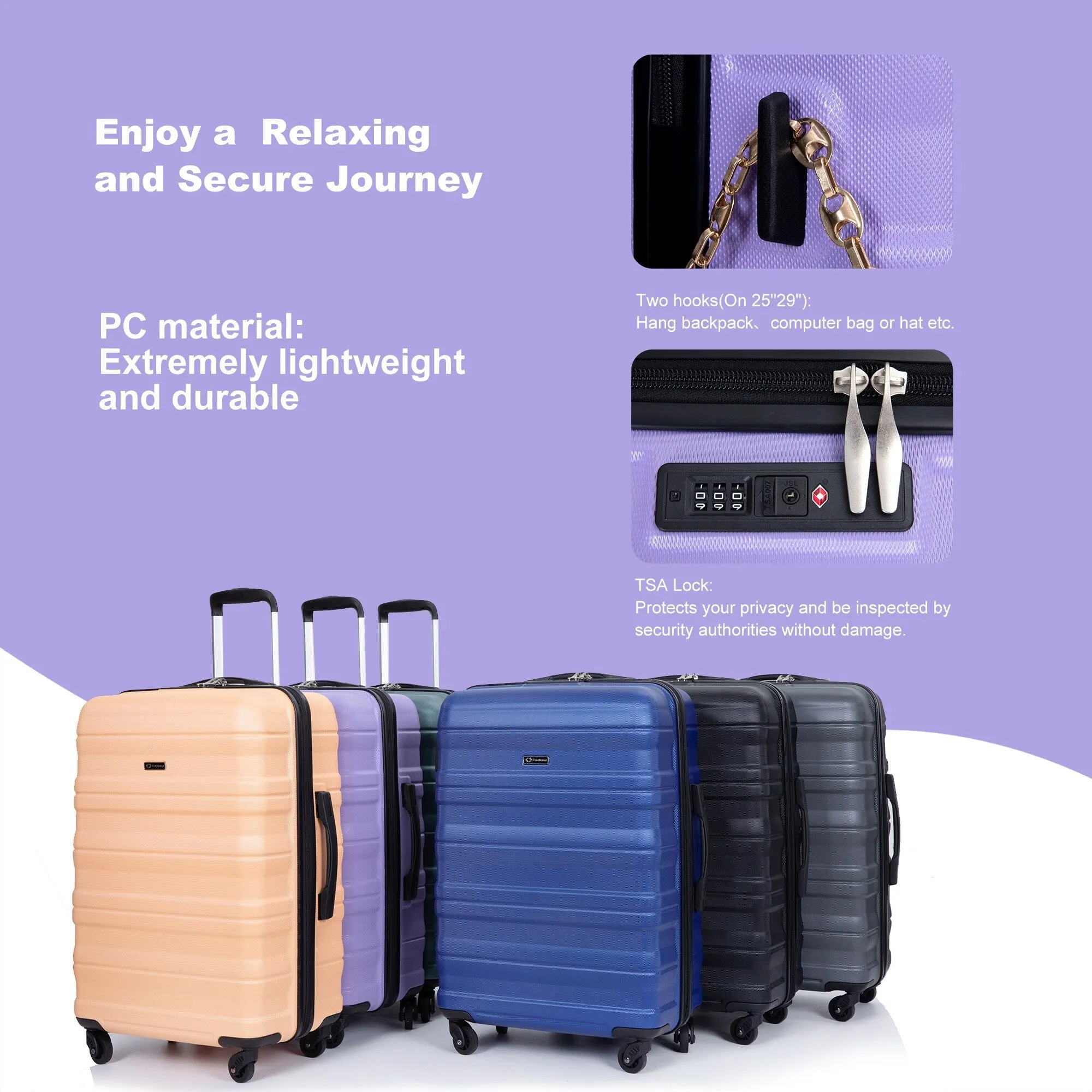 3 Piece Luggage Sets PC Lightweight & Durable Expandable Suitcase with Two Hooks, Spinner Wheels, TSA Lock, (21/25/29)