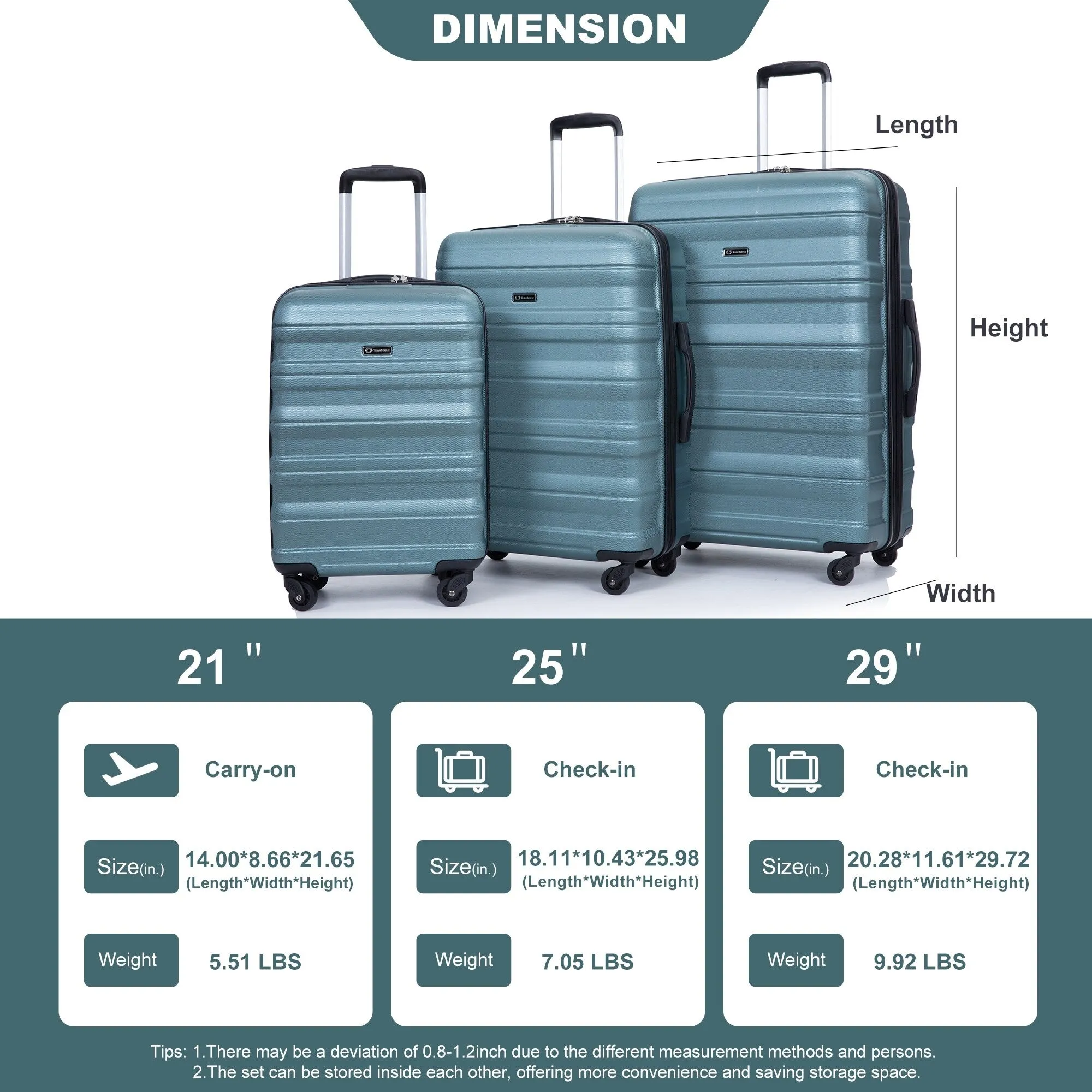 3 Piece Luggage Sets PC Lightweight & Durable Expandable Suitcase with Two Hooks, Spinner Wheels, TSA Lock, (21/25/29)