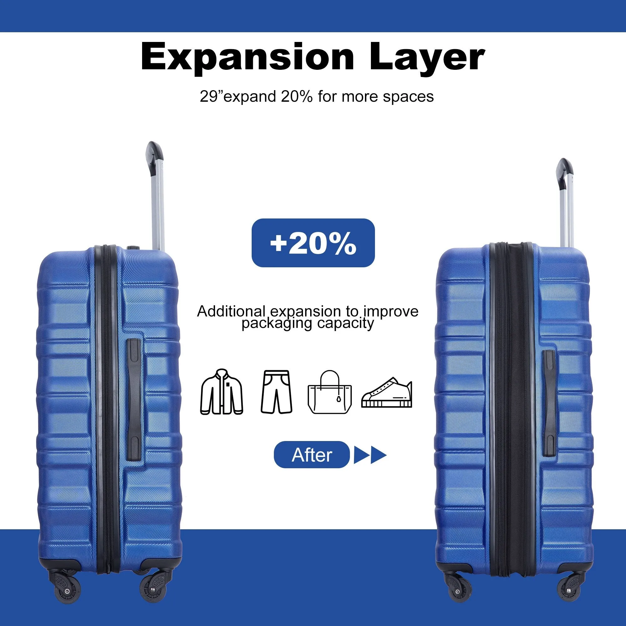 3 Piece Luggage Sets PC Lightweight & Durable Expandable Suitcase with Two Hooks, Spinner Wheels, TSA Lock, (21/25/29)